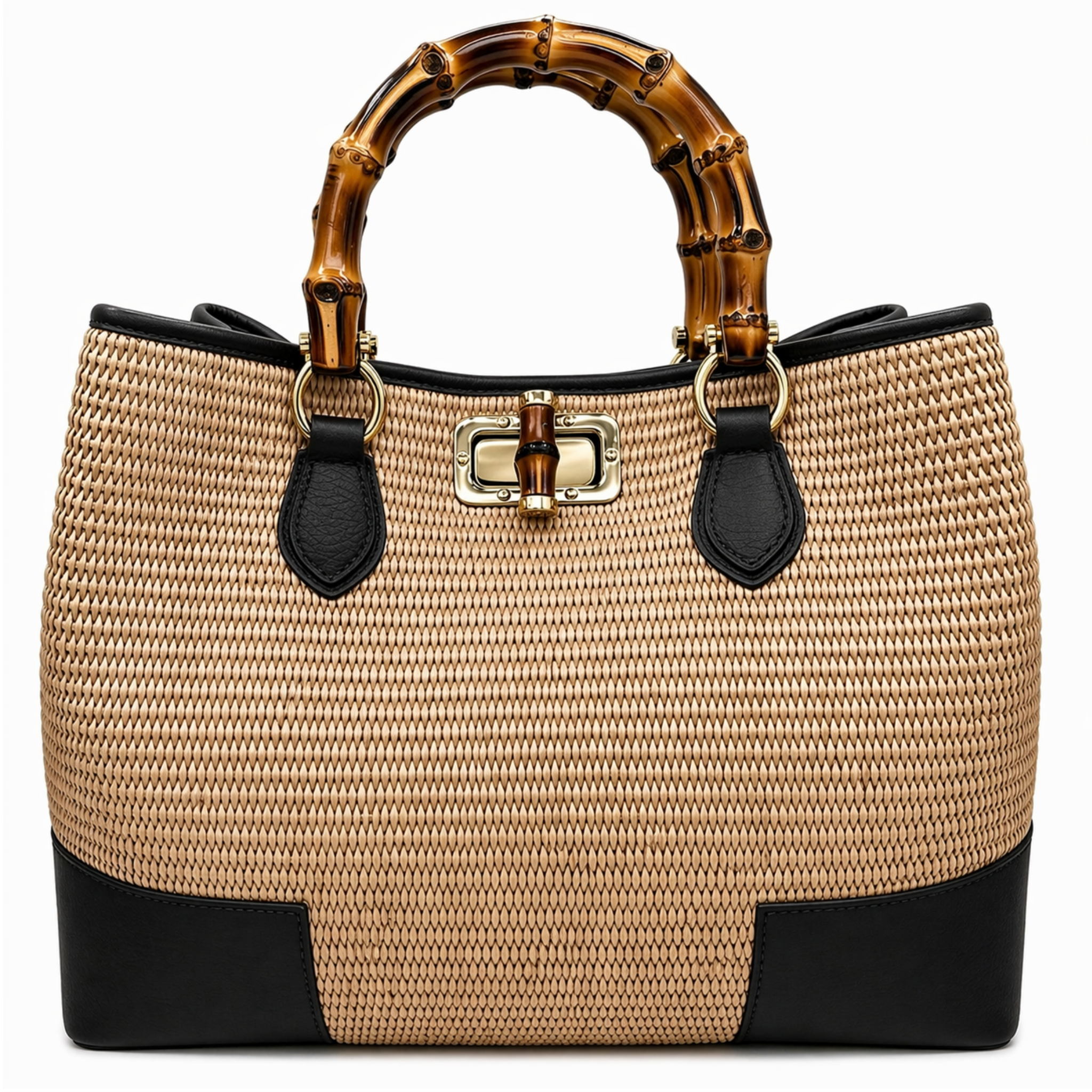 Private label Sorrento Bamboo Tote bag with woven bamboo design and leather handles, showcasing a stylish eco-friendly accessory.