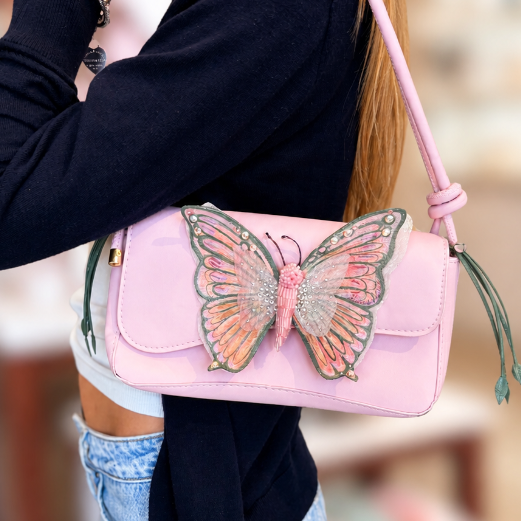 Gianna Valente x Lets Bag It tropical Flutter shoulder bag with colorful floral pattern and shoulder strap on a white background