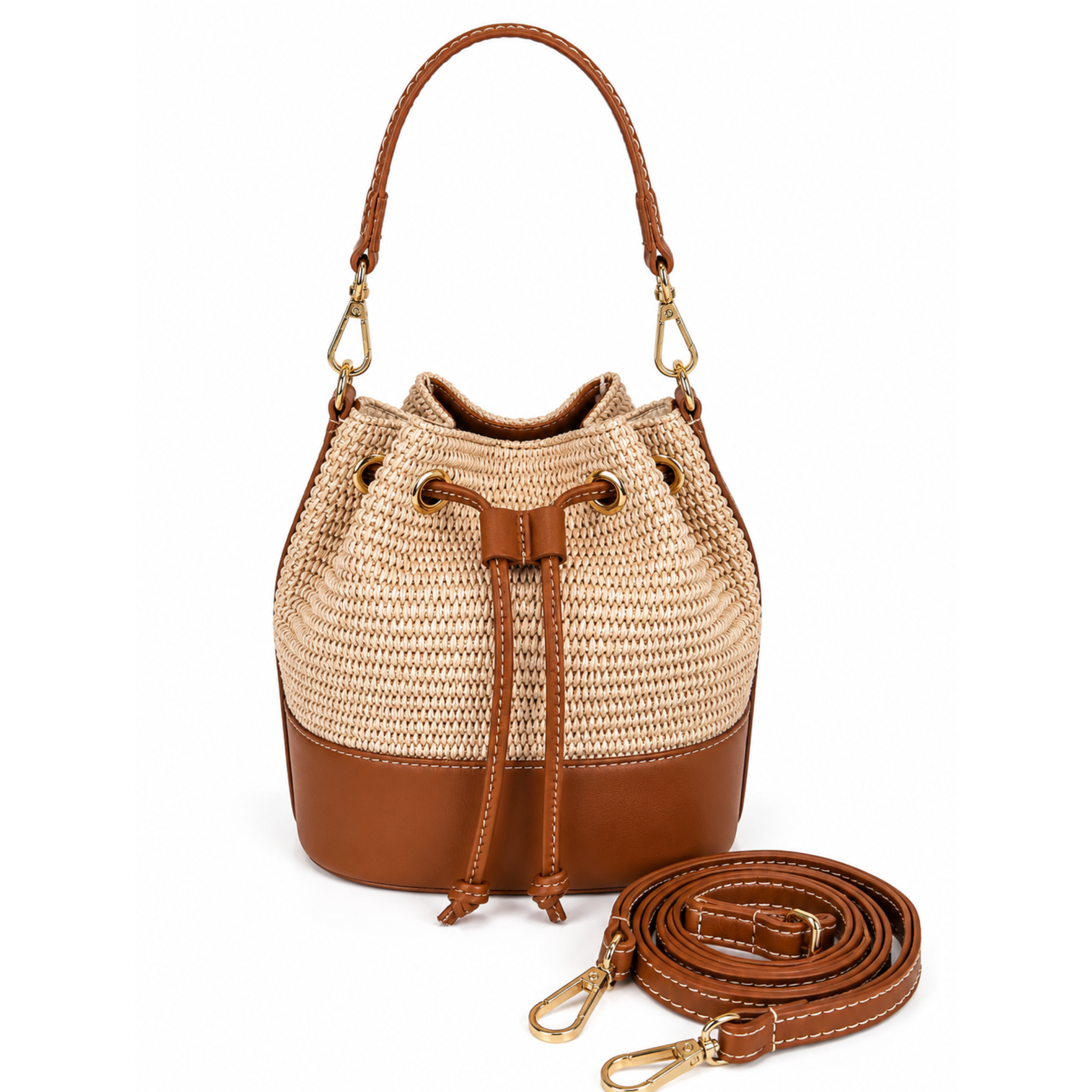 Private label MISS Bucket classic raffia crossbody bag with woven straw texture and adjustable strap.