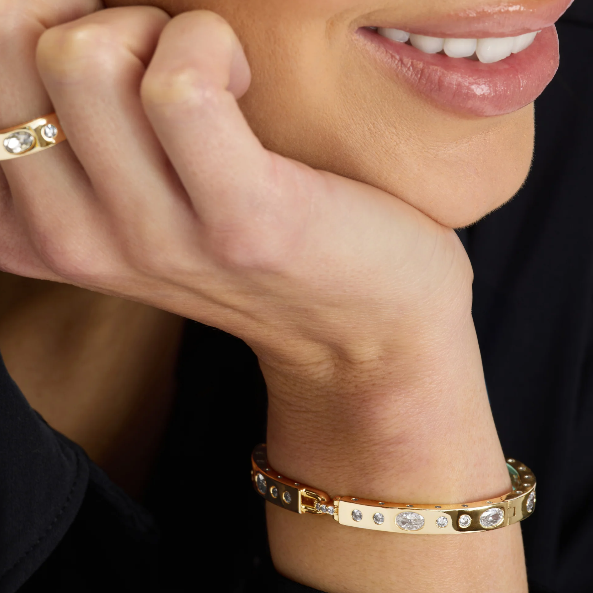 Melinda Maria Ashley Sunset Lock Cuff bracelet in gold with white diamondette accents, featuring a 6mm design and lock detail.