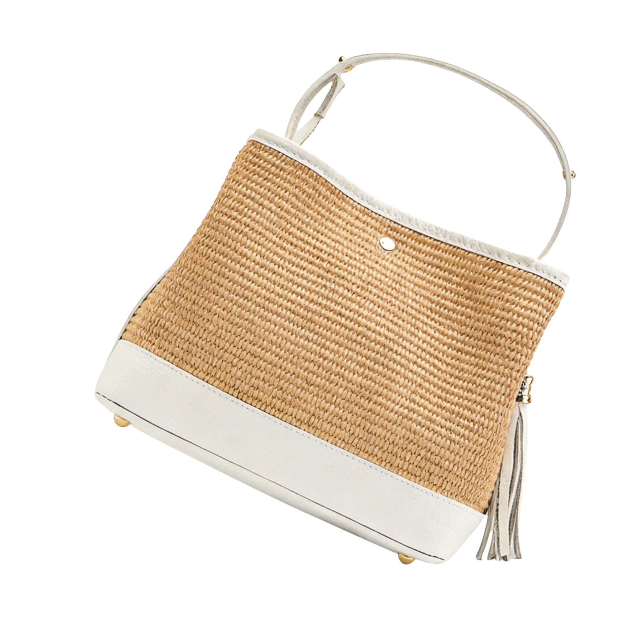 Raffia bag with genuine leather accents, stylish handbag with woven texture and leather strap details.
