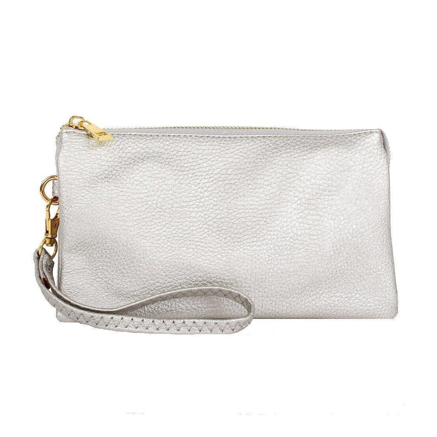 Private label three-compartment crossbody bag wristlet with multiple sections and adjustable strap, shown in the image.