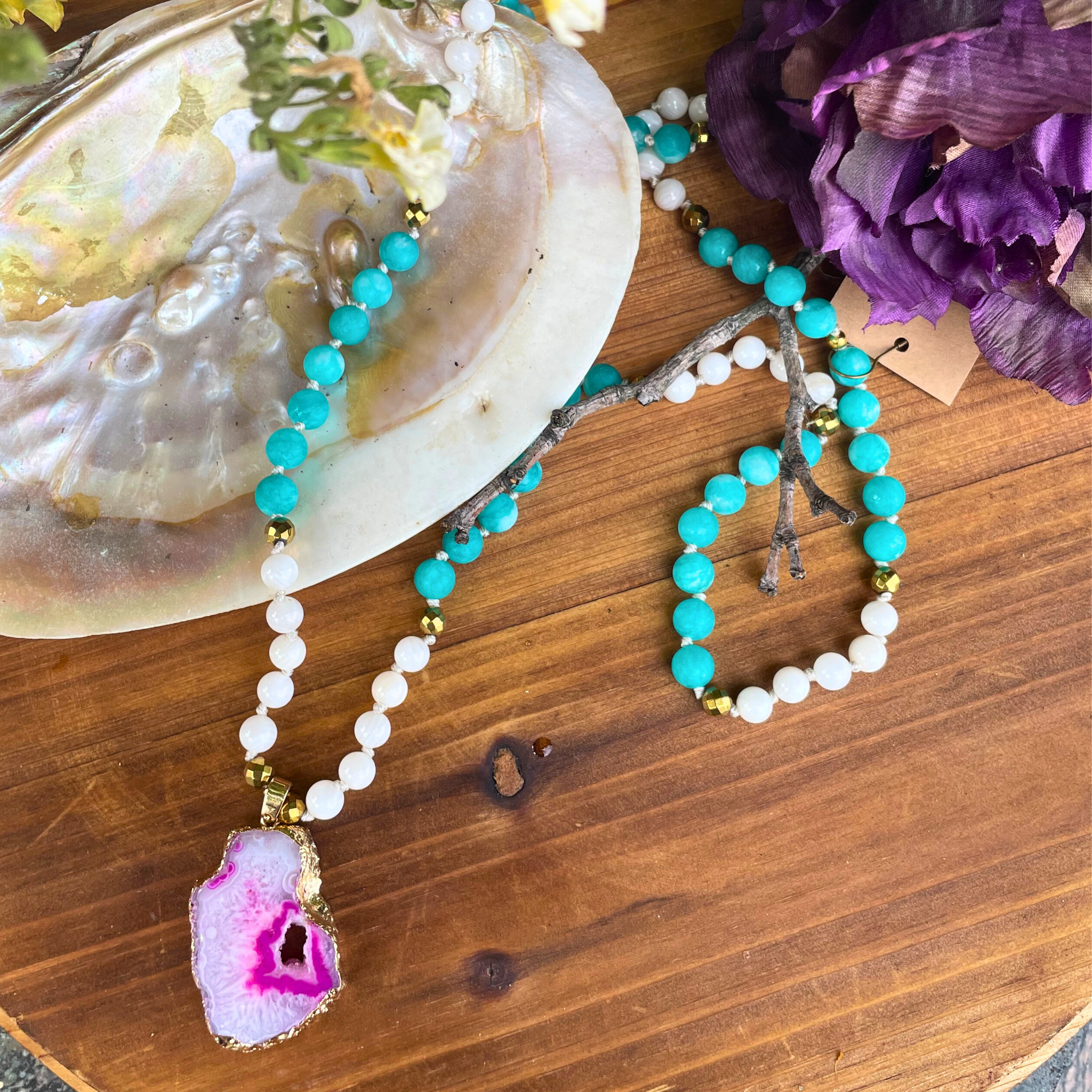 Fuchsia Druzy & Turquoise Stone Beaded Necklace