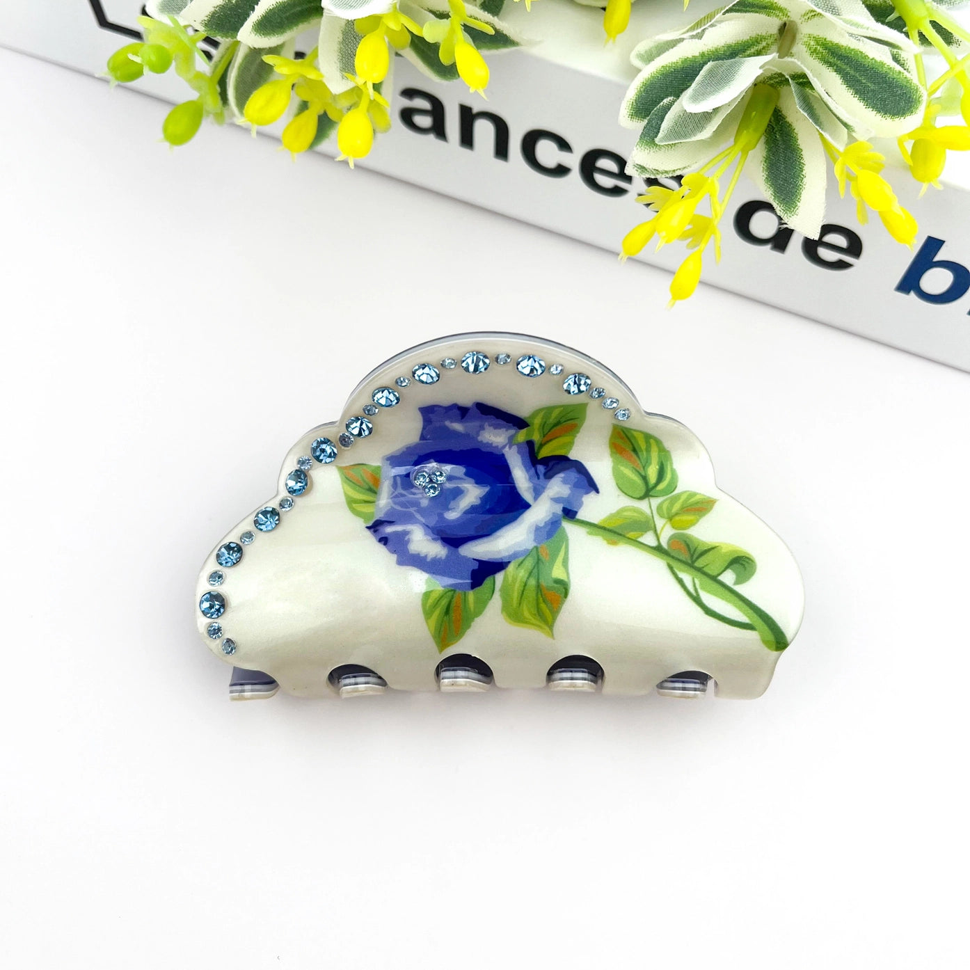 Blue Rose Claw Clip, Elegant Half-Round Rhinestone Hair Clip