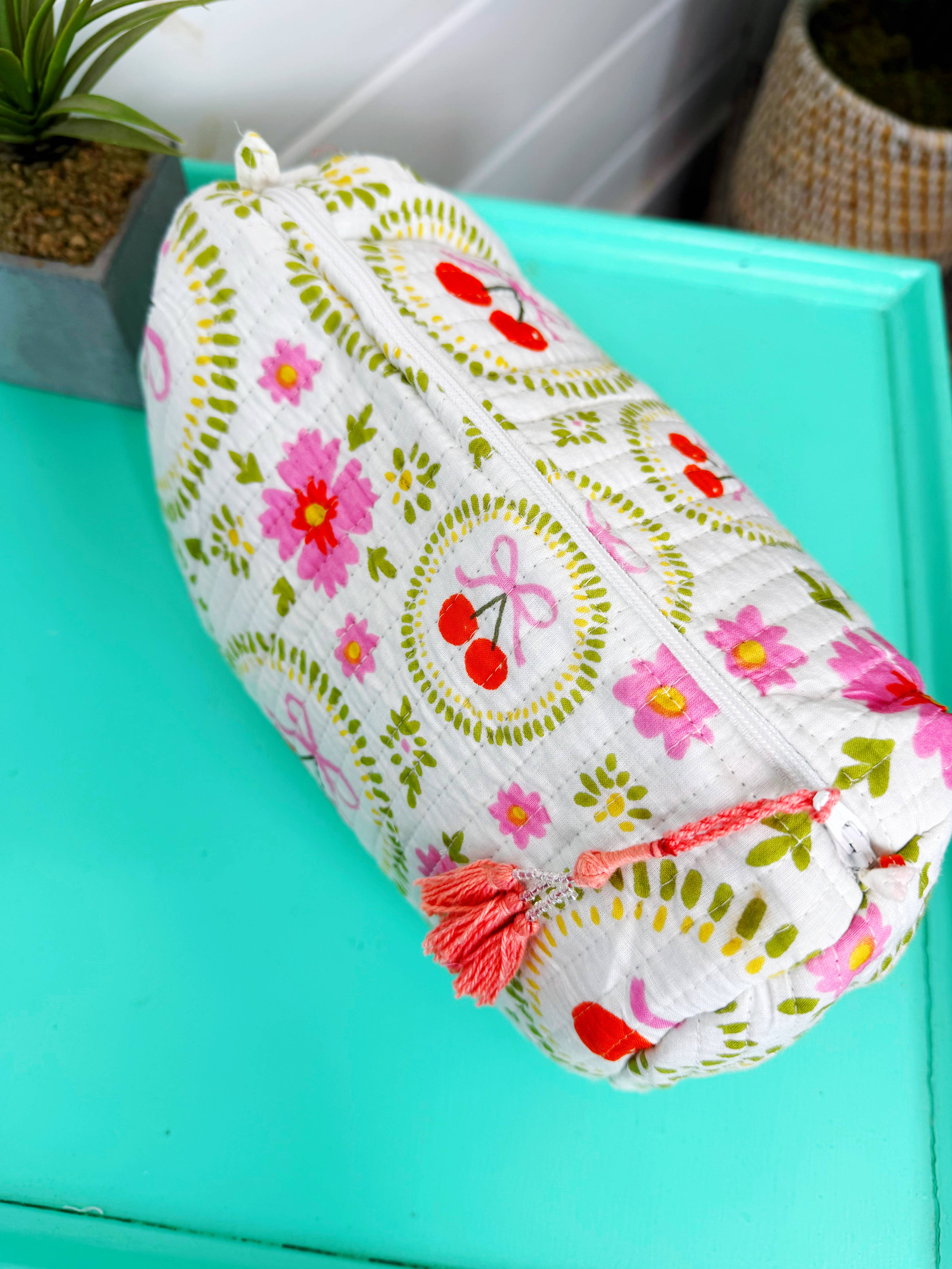 Quilted Makeup Bags | Cosmetics Bag | White Cherries & Bows