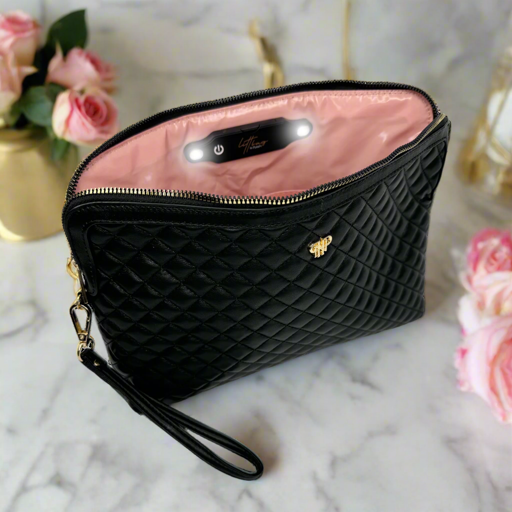 PurseN Litt Makeup Case in timeless quilted design, compact makeup bag with multiple compartments for organization.