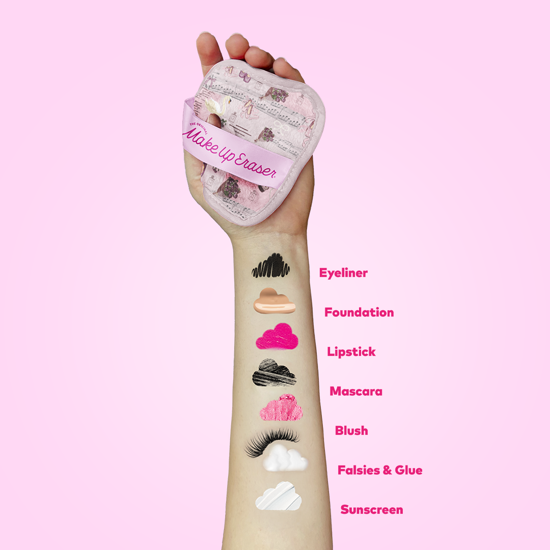 The Original MakeUp Eraser Ballet Core 7-Day Skincare Gift Set with reusable cloths and skincare accessories on a neutral background.