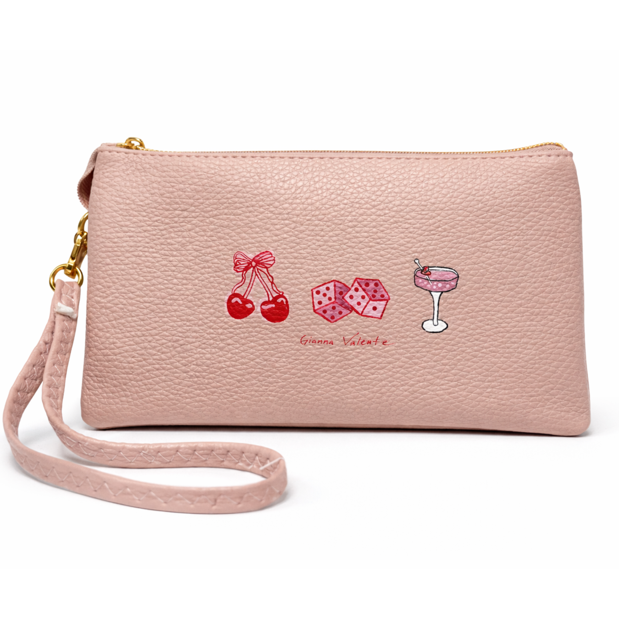 Hand-painted wristlet from Gianna Valente x Lets Bag It collection, featuring vibrant floral designs and a sleek wrist strap.