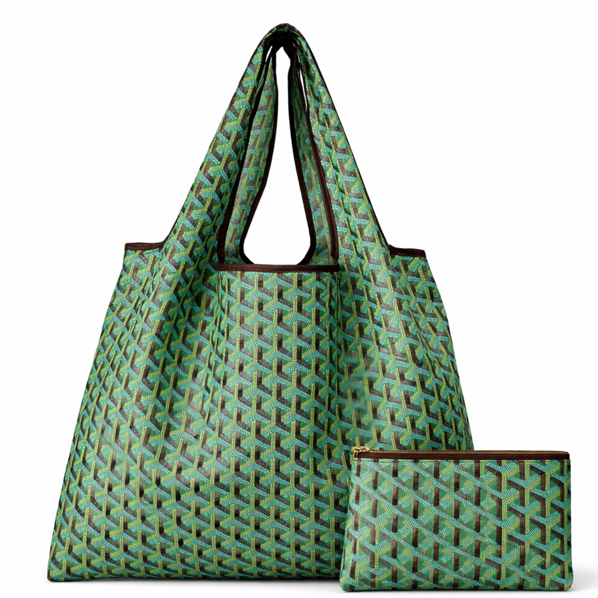 Chevron eco-friendly foldable nylon tote bag from private label, showing its compact, reusable design with chevron pattern.