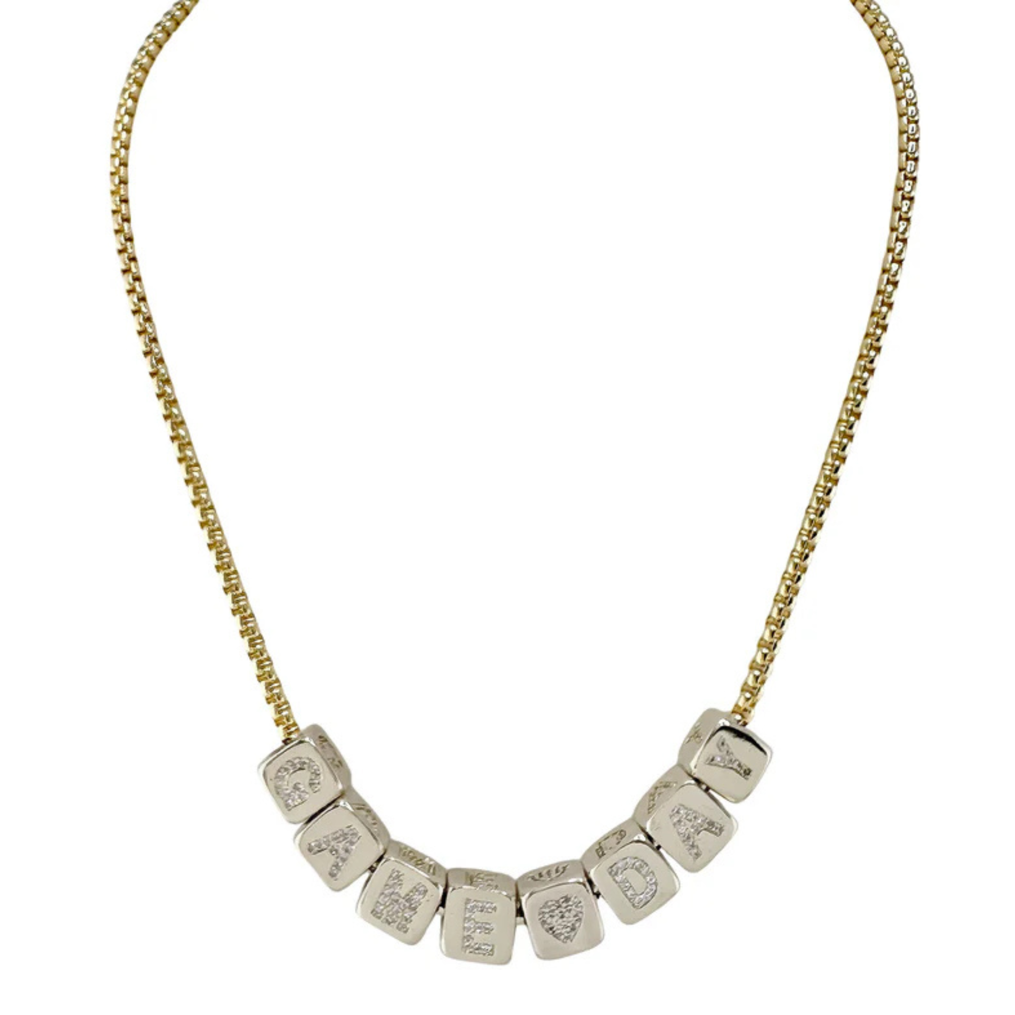 Large block letter personalized necklace from Love Lisa, showcasing custom name design in elegant gold finish.