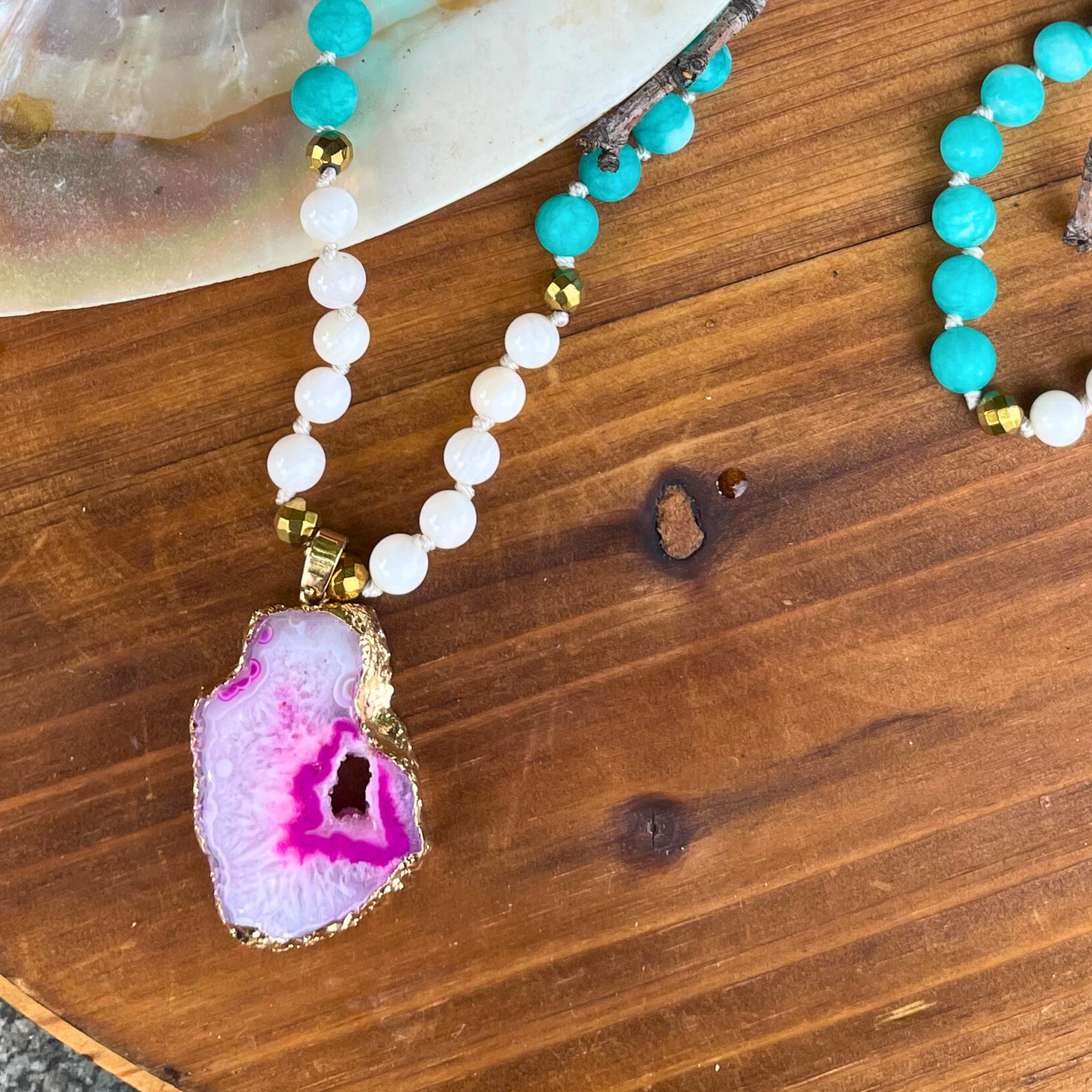 Fuchsia Druzy & Turquoise Stone Beaded Necklace