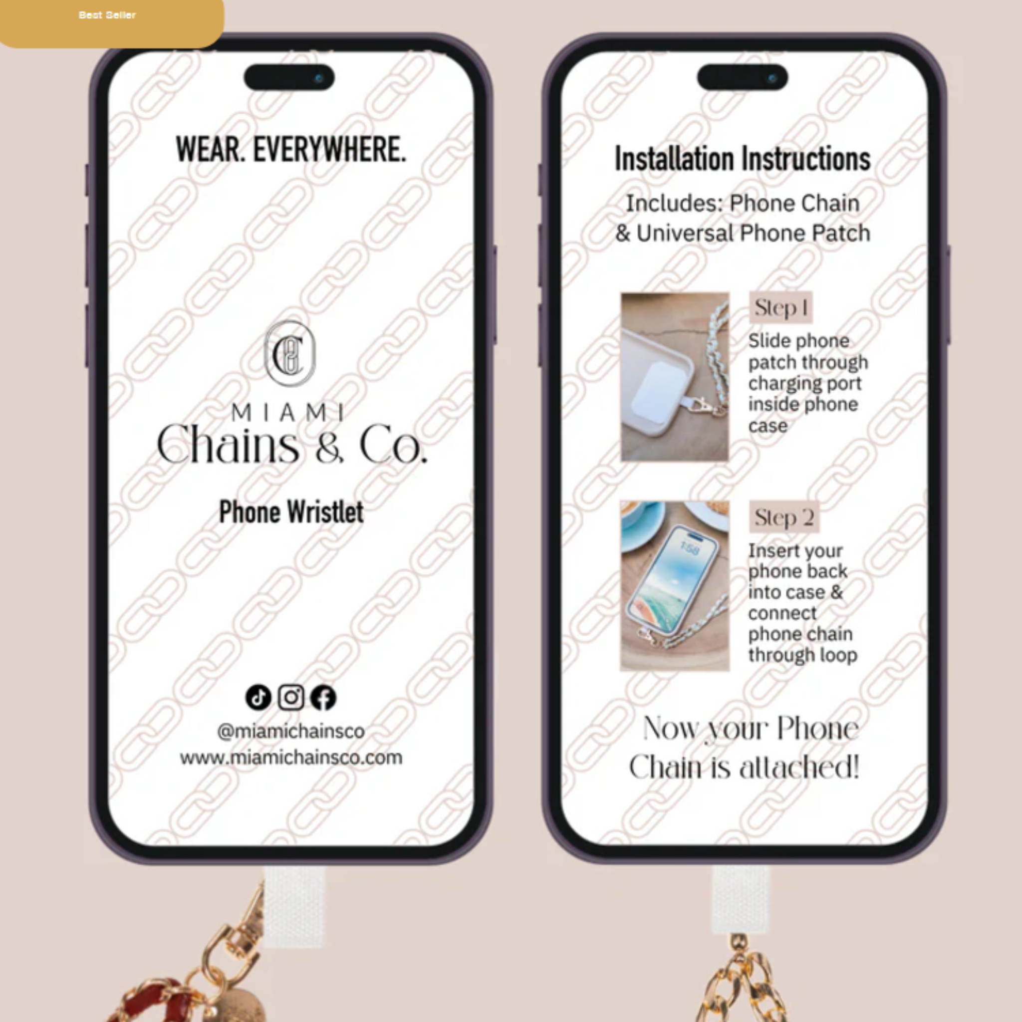 Miami Chains & Co phone wristlet with stylish chain and secure strap, designed to hold smartphones conveniently.
