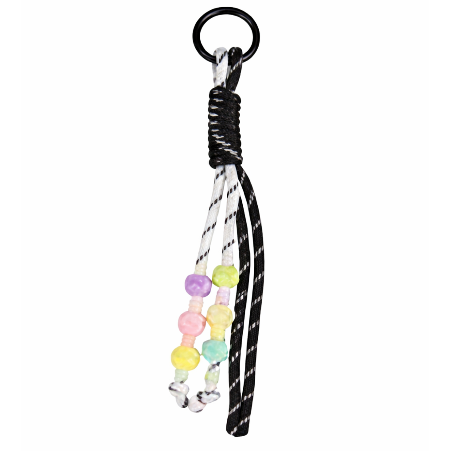 Colorful beaded knot rope bag charm keychain featuring playful design, ideal for decorating bags and accessories.