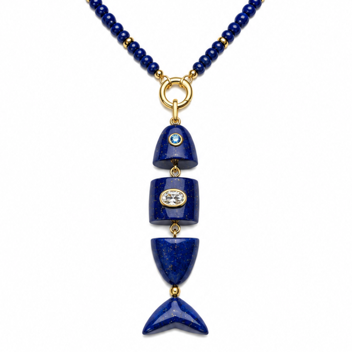 Colorful gemstone fish crystal beaded necklace with intricate beadwork and a fish-shaped pendant, crafted by Private Label.