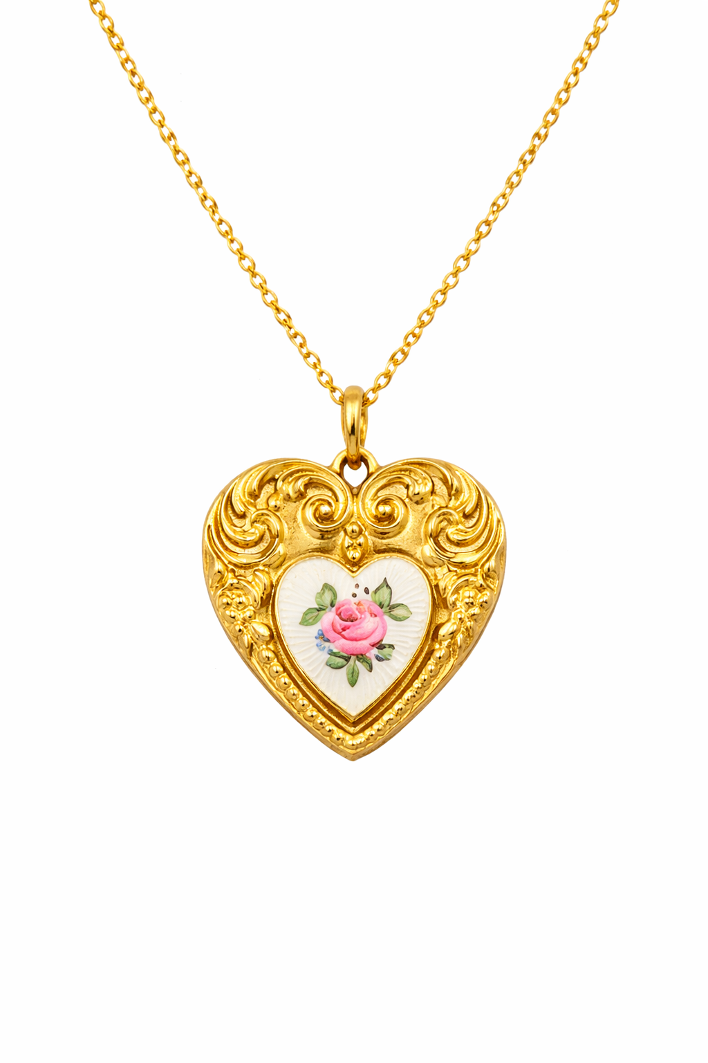 1980s Vintage Guilloche Enamel Rose Heart Charm Pendant Necklace