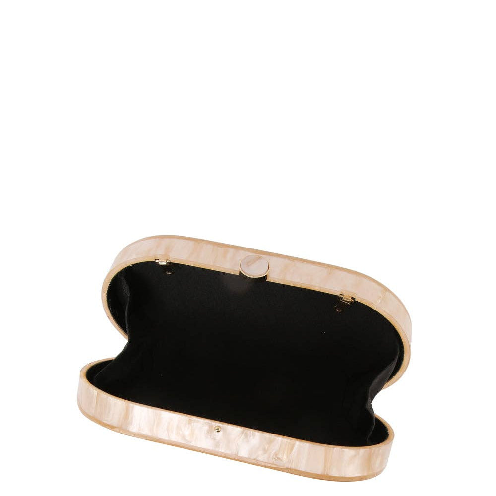 Pearlized acrylic clutch evening bag with sleek design, perfect for formal occasions, featuring a shiny, smooth surface.
