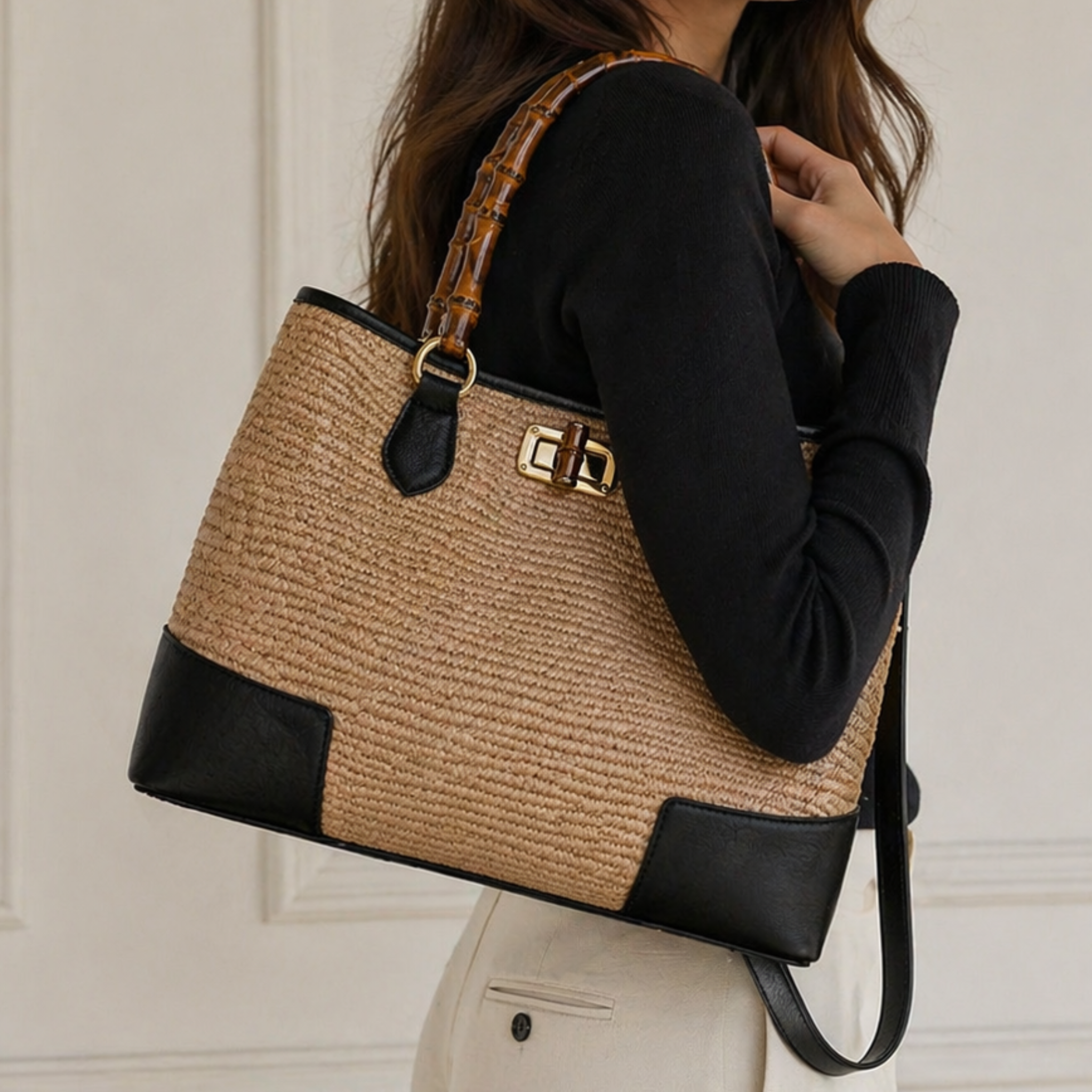 Private label Sorrento Bamboo Tote bag with natural woven bamboo handles and spacious interior for everyday use