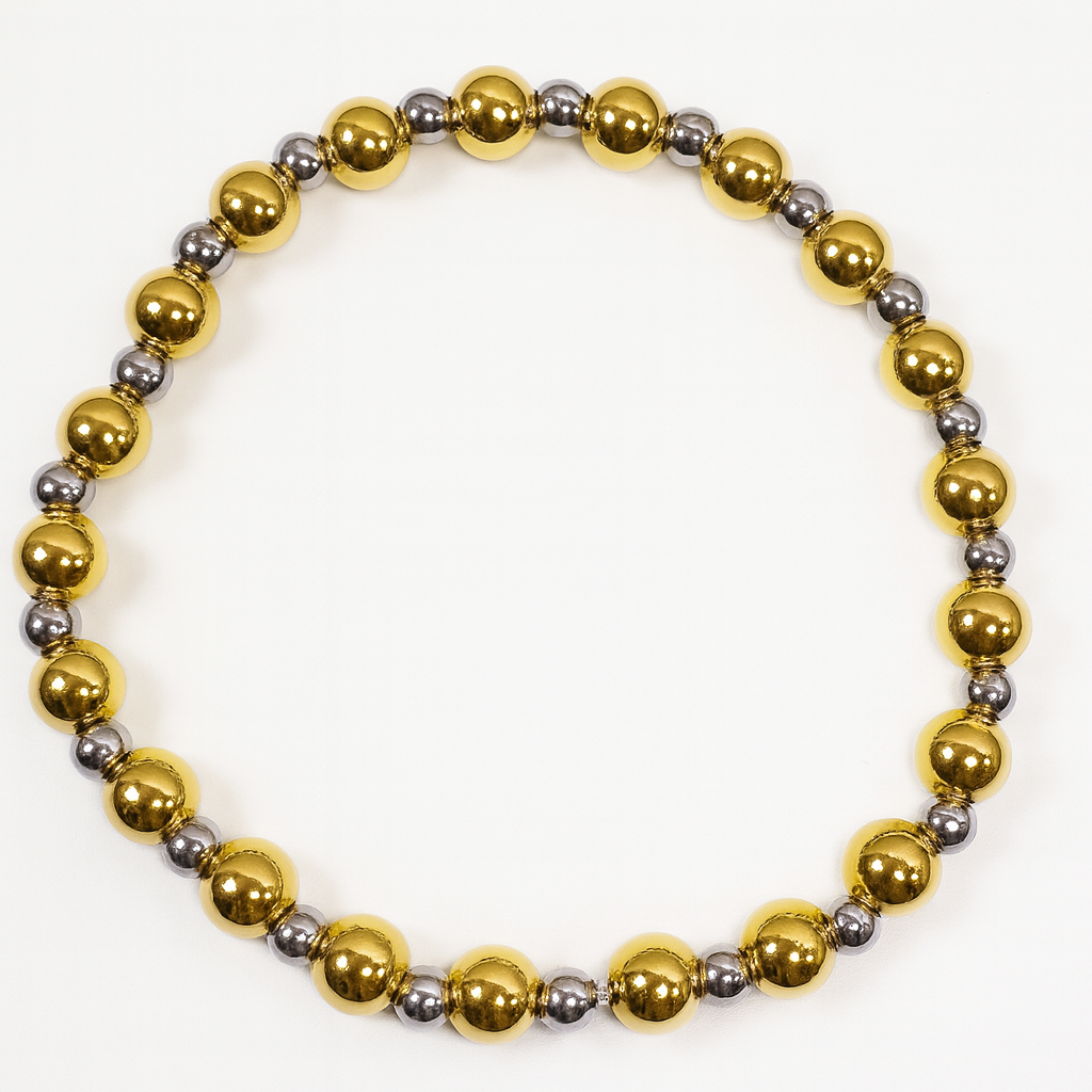 Gold 6mm beads and silver 4mm beads bracelet by The Skylar Project, showcasing a stylish and elegant design.