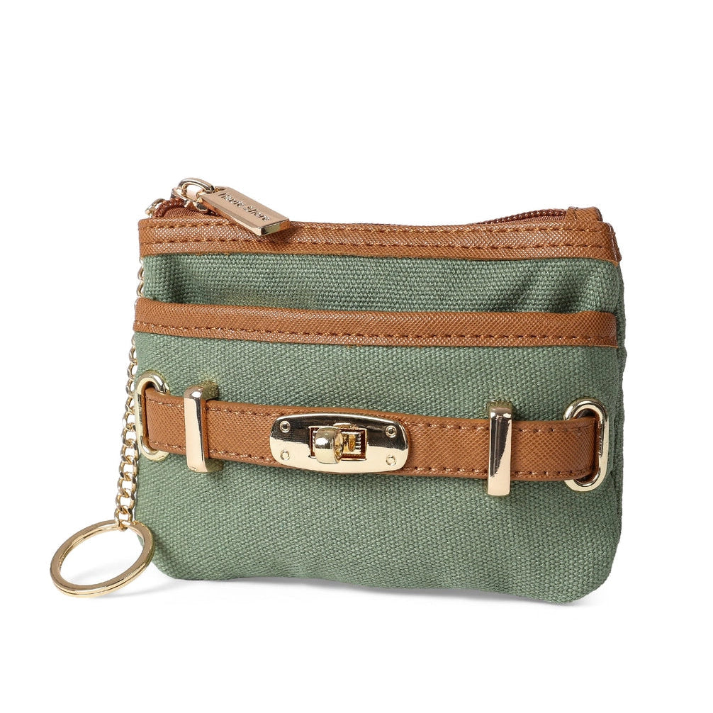 Green keychain pouch with brown accents on a white background