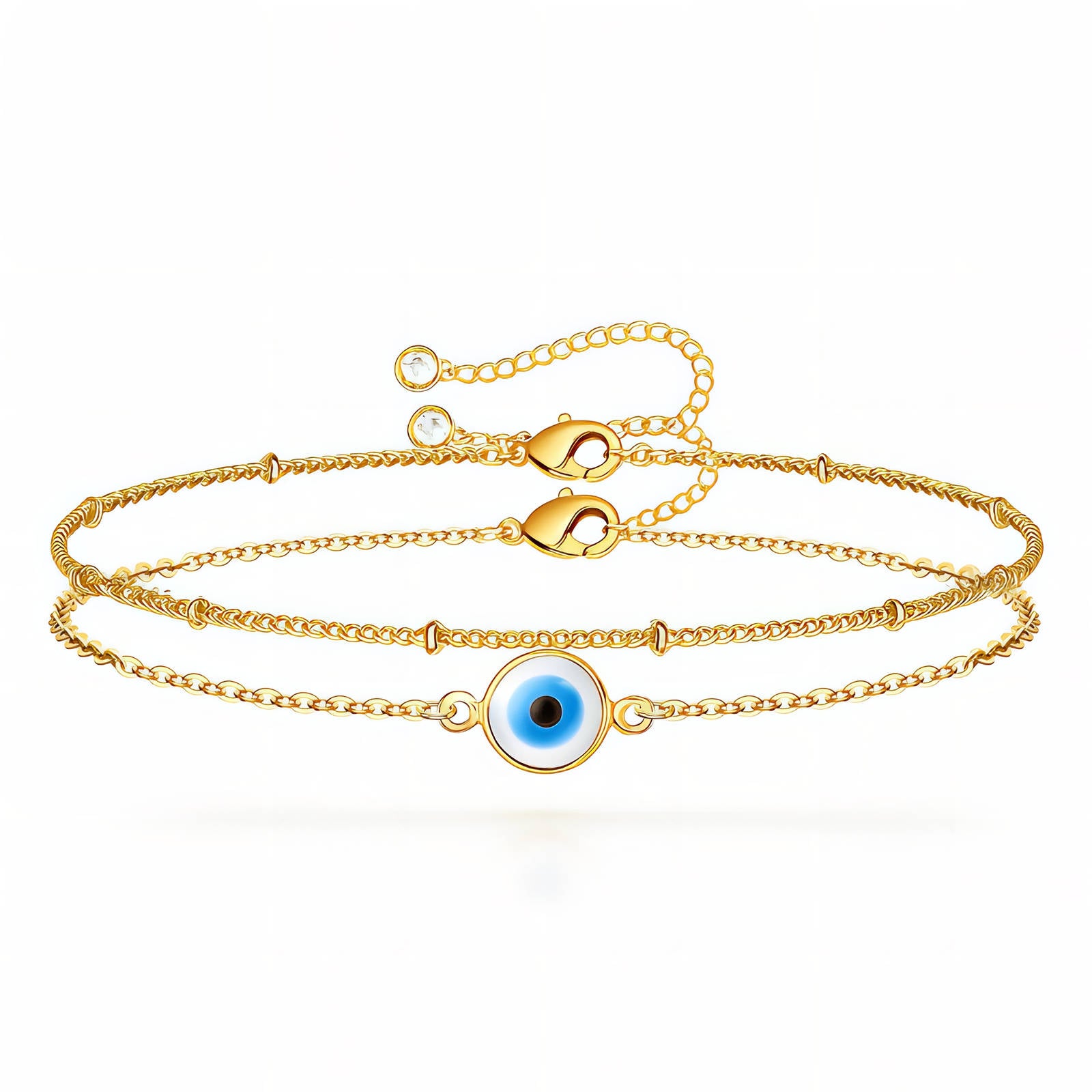 Double Dainty Evil Eye Bracelet, 18K Gold Plated Steel