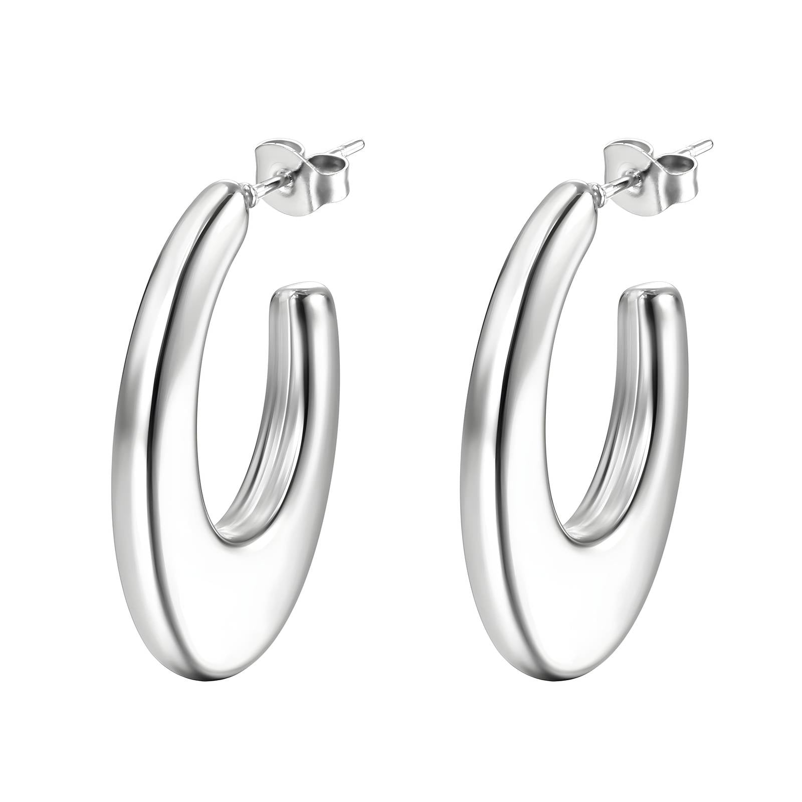 Stainless steel liquid drop hoop earrings with a sleek design, showcasing a shiny finish and elegant curvature.