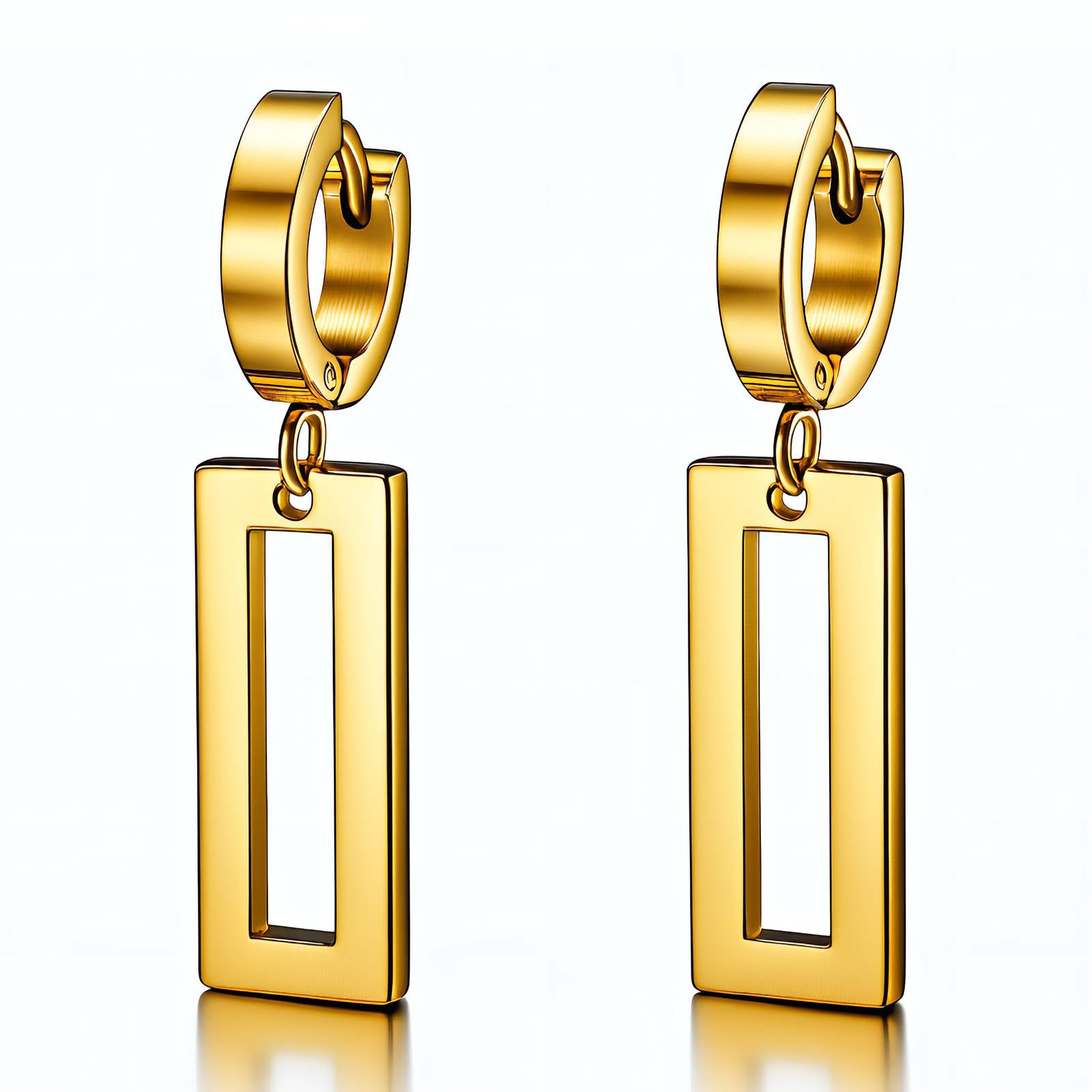 18K gold plated steel geo rectangle drop earrings with a sleek design, perfect for adding elegance to any outfit.