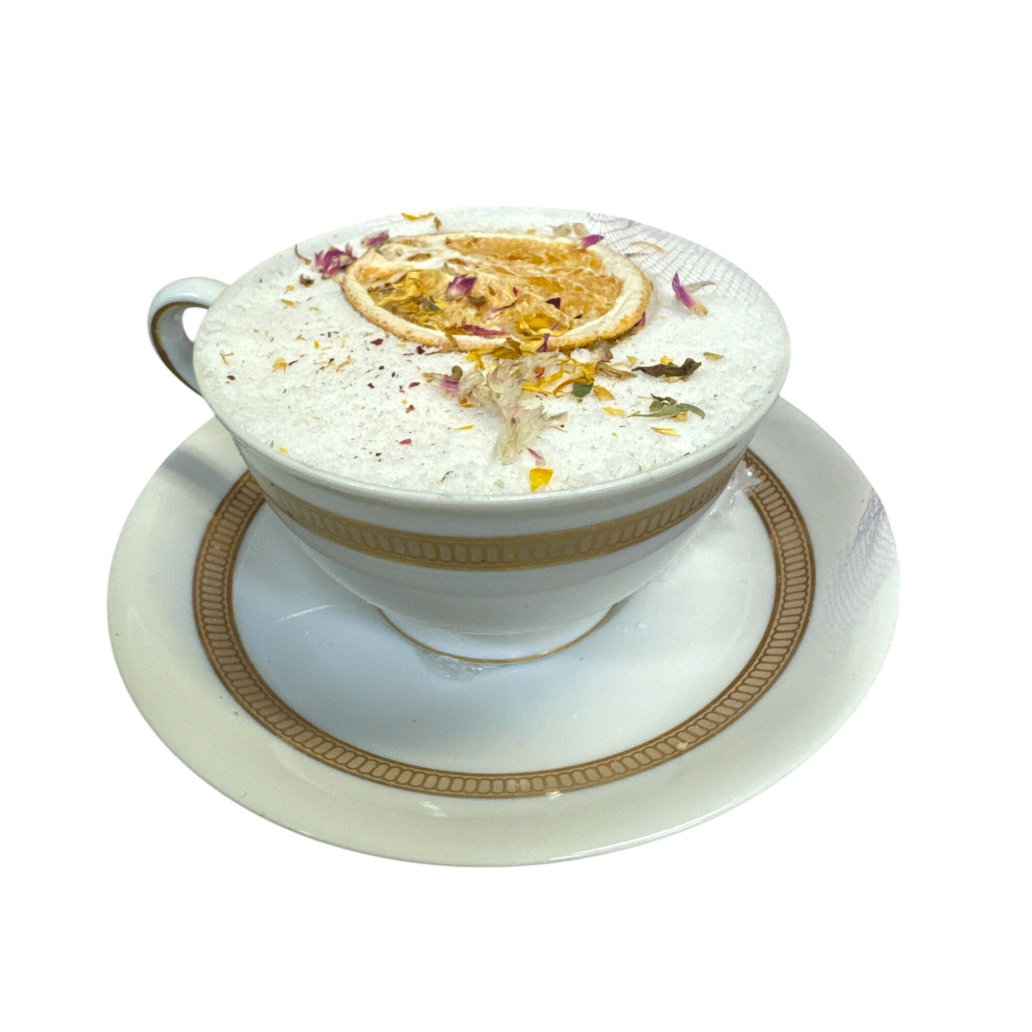 Antique tea cup-shaped bath bombs from Witchy Woman World Apothecary with floral designs and pastel colors.