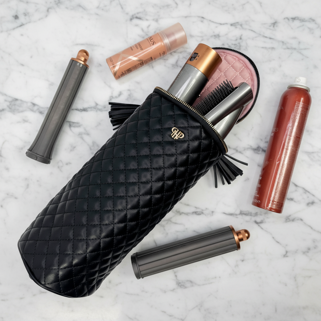 PurseN Hot Tools Holder pouch with timeless quilted design, compact accessories storage for styling tools and brushes.