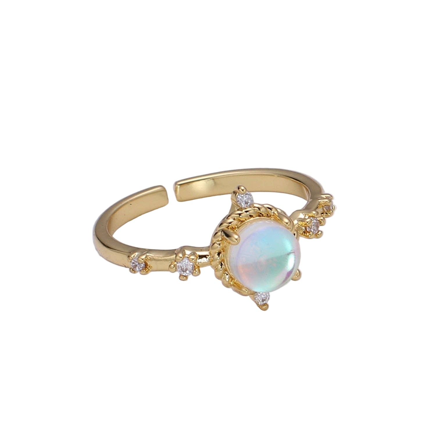 Dainty adjustable ring featuring a moonstone and celestial design, crafted by a private label brand.