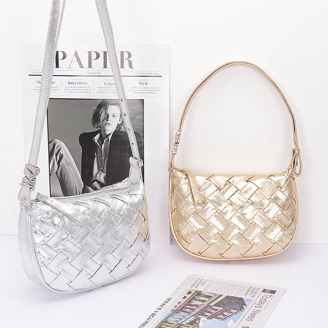 Faux Metallic Leather Braided Embossed Shoulder Bag - Let's Bag It 