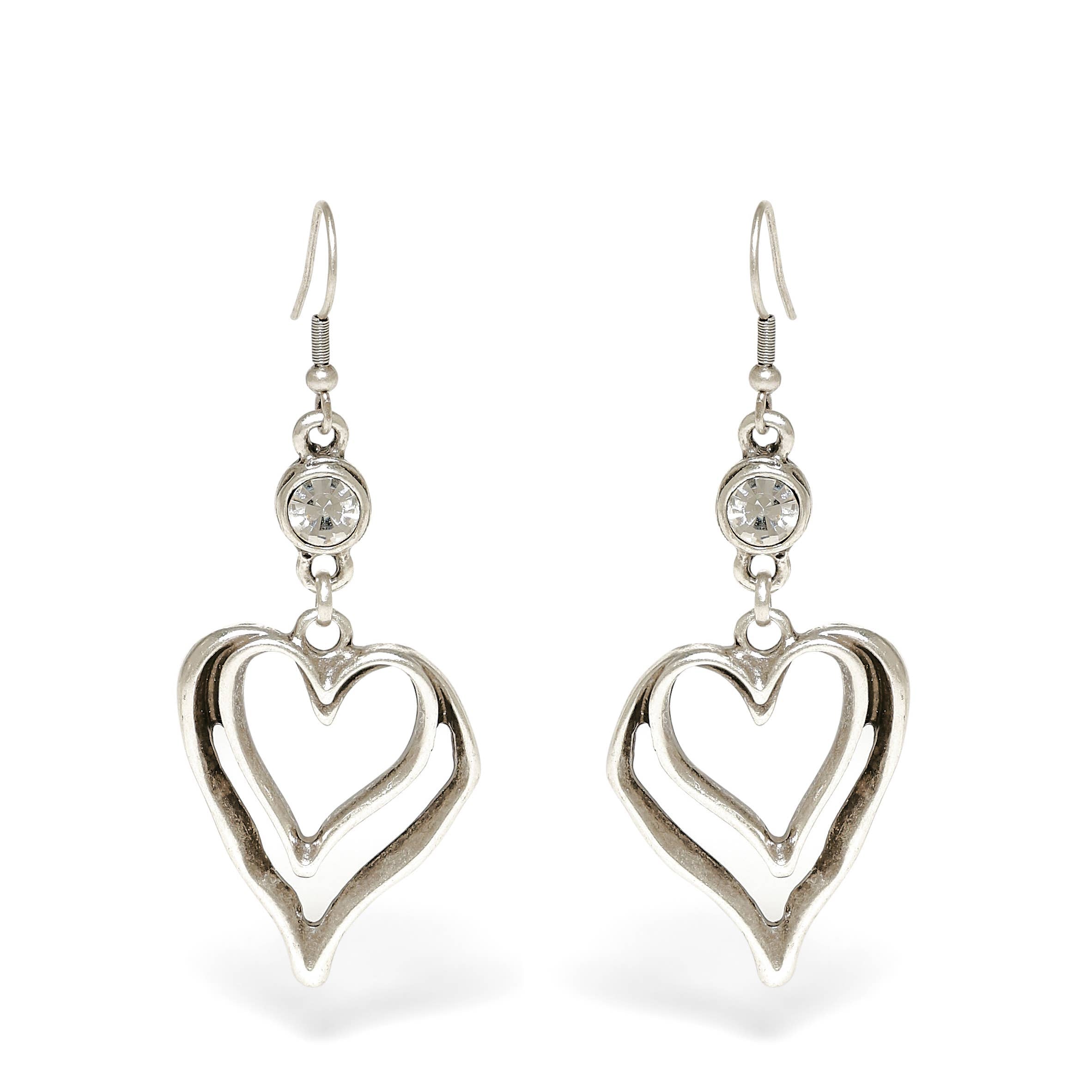 Handmade Heart Clear Crystal Pewter Earrings - 1955
