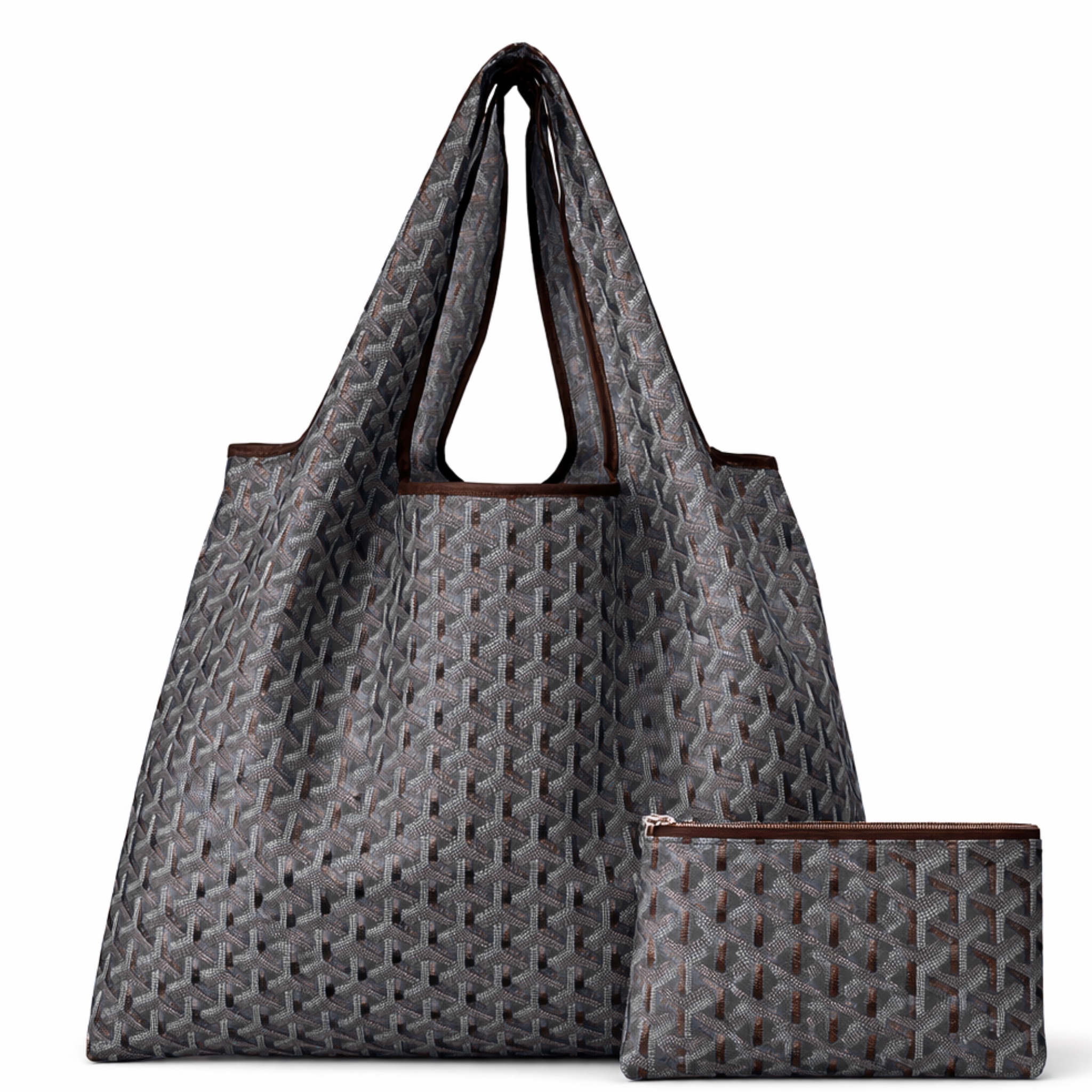 Chevron eco-friendly foldable nylon tote bag by private label, showing its compact, reusable design in a folded state.