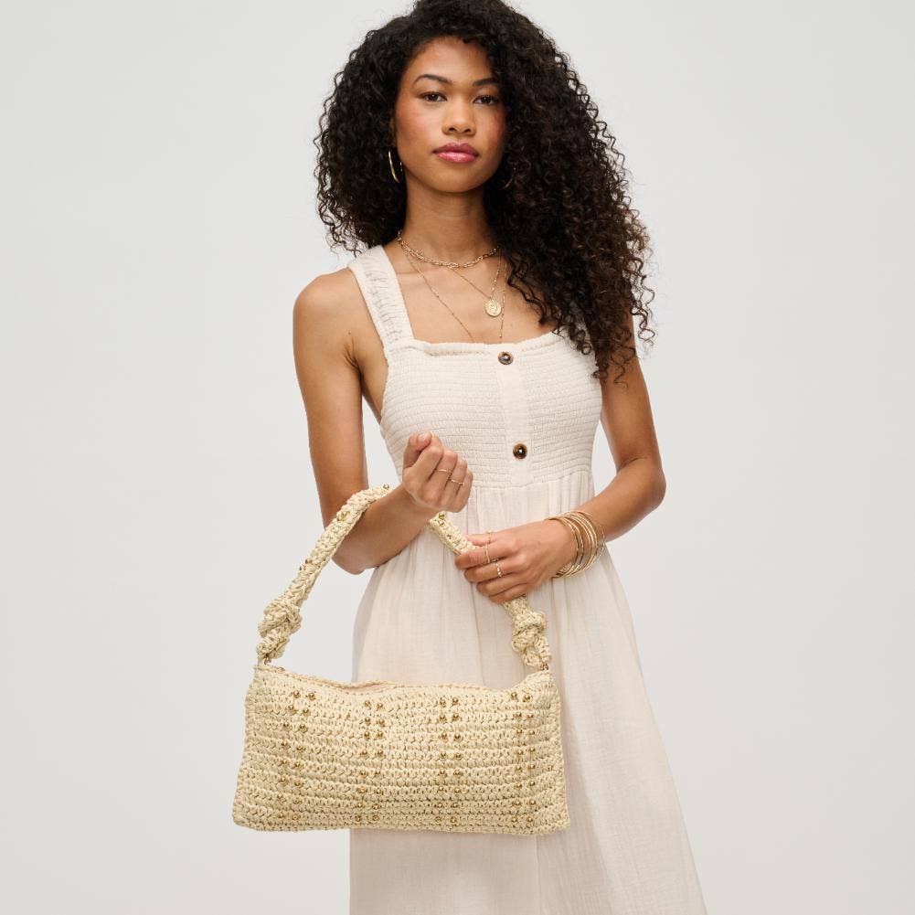Clarissa Seasonal Straw Shoulder Bag by Urban Expressions with a woven straw design and shoulder strap, perfect for summer outings.