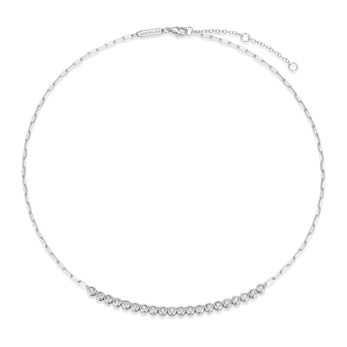 Monte Luna mini paperclip chain necklace with bezel-set lab-created diamonds, featuring a delicate and modern design.