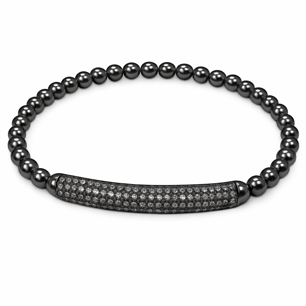 Black beaded pave bar bracelet by The Skylar Project with small diamond accents and a bar clasp on a white background.