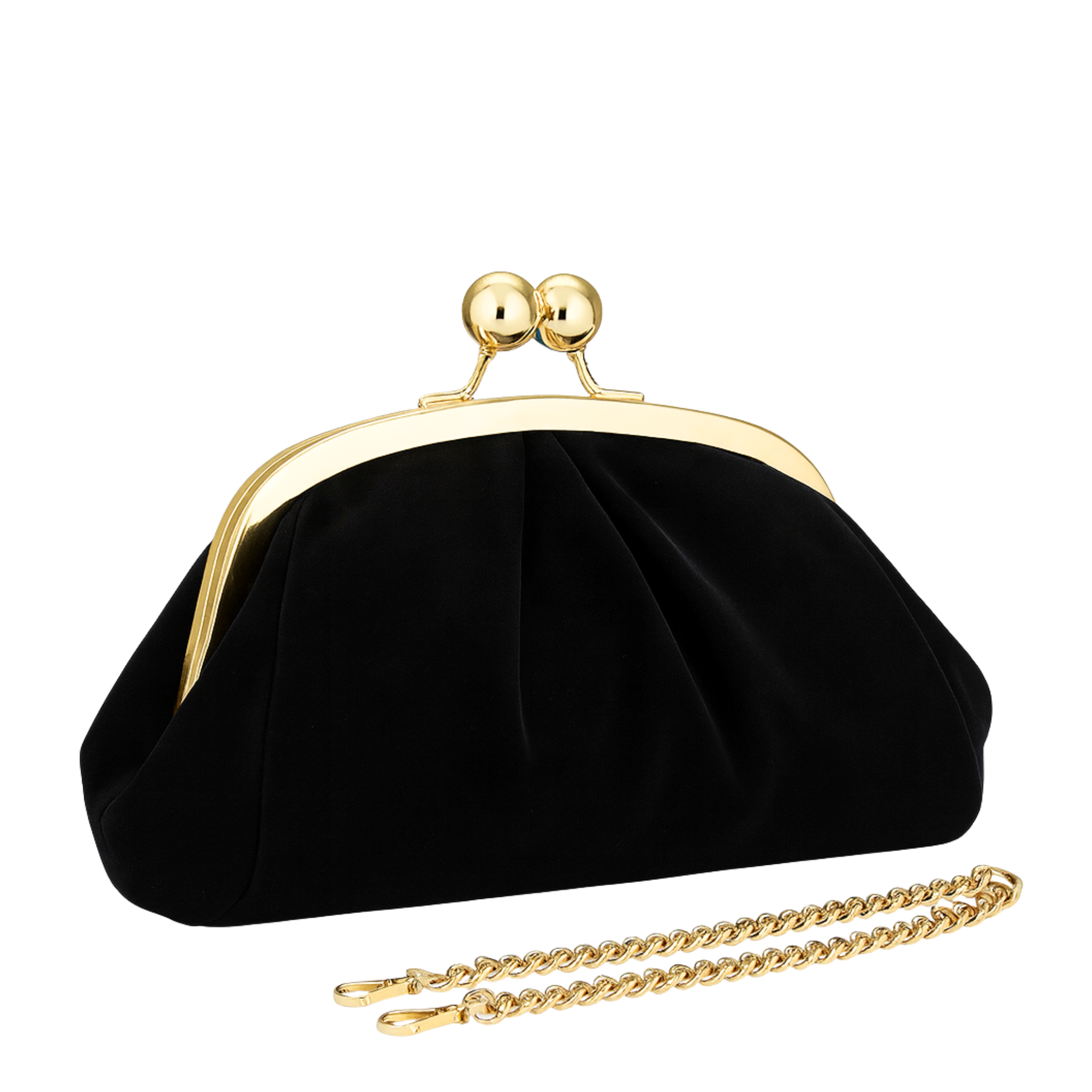 Black suede clutch bag with gold frame and chain, stylish accessory from Private Label.
