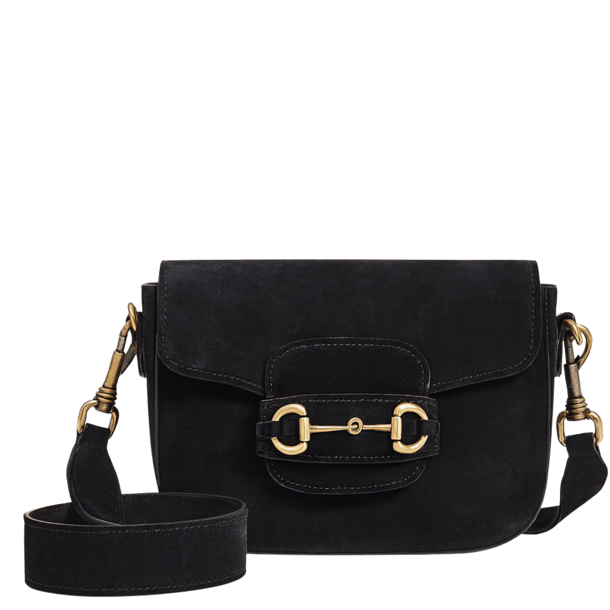 Black Emily Suede Crossbody handbag with gold hardware, stylish and compact for everyday wear.