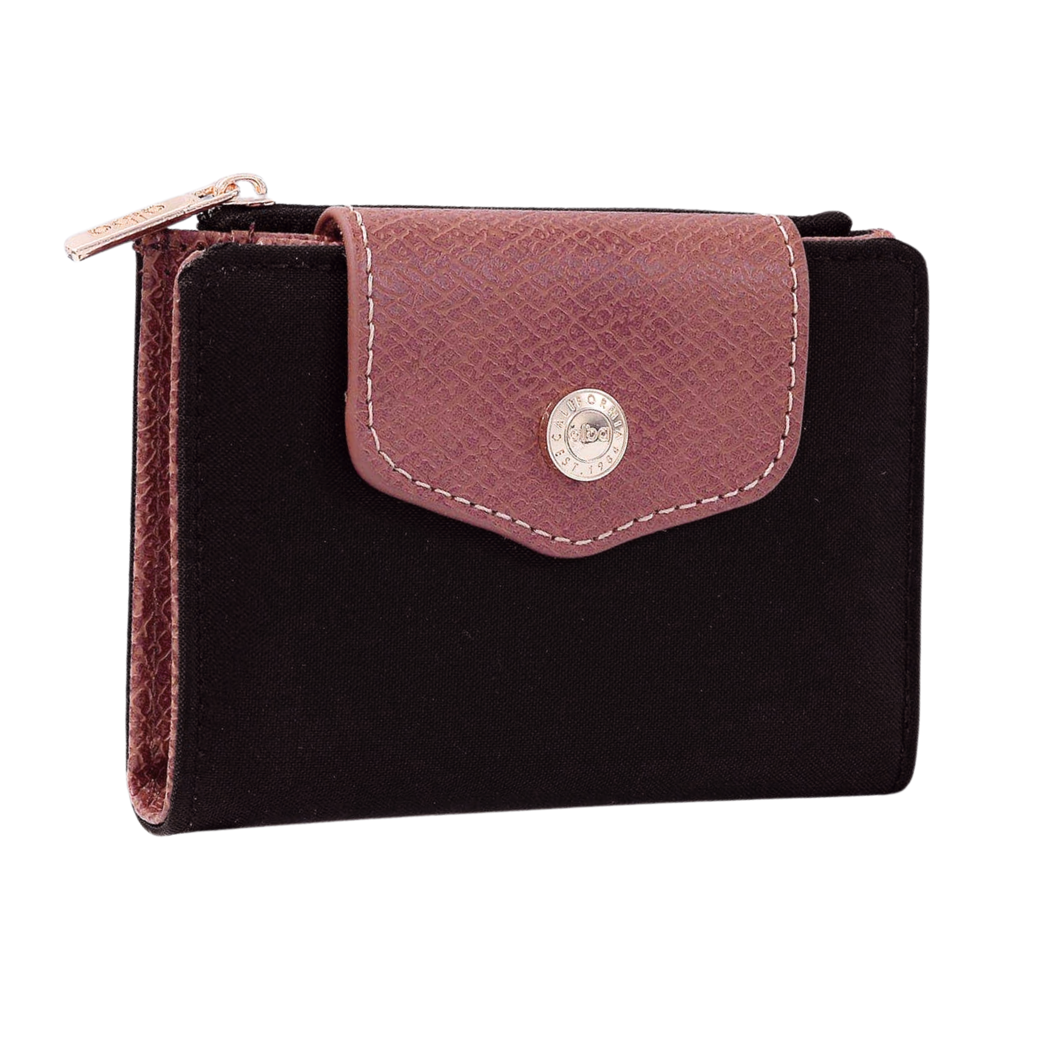 Black nylon Stephie bifold wallet with leather flap and silver button, designed by Private Label, showcasing a sleek compact style.