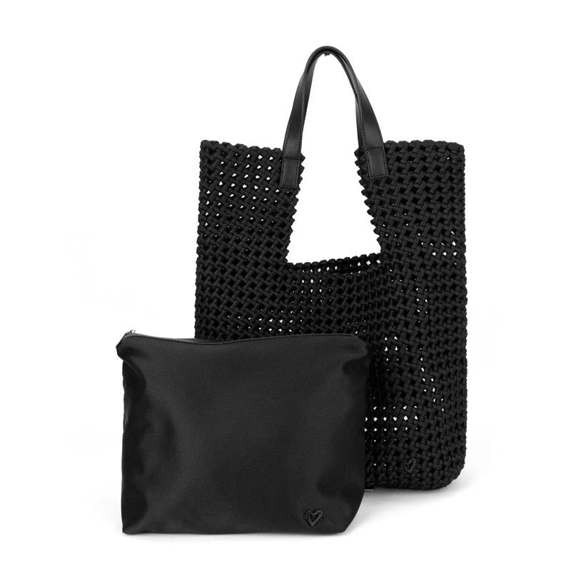 Black Eston woven tote handbag with matching pouch from Prenelove on a white background.