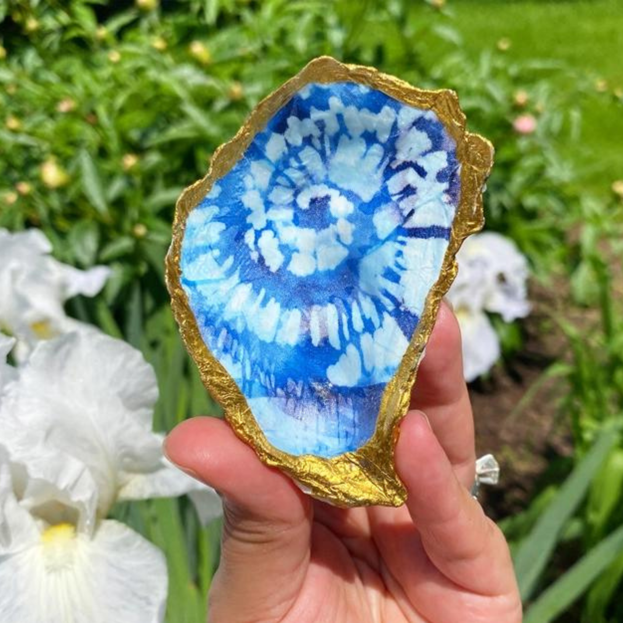 Blue Tie Dye Decoupage Oyster Shell Trinket Dish