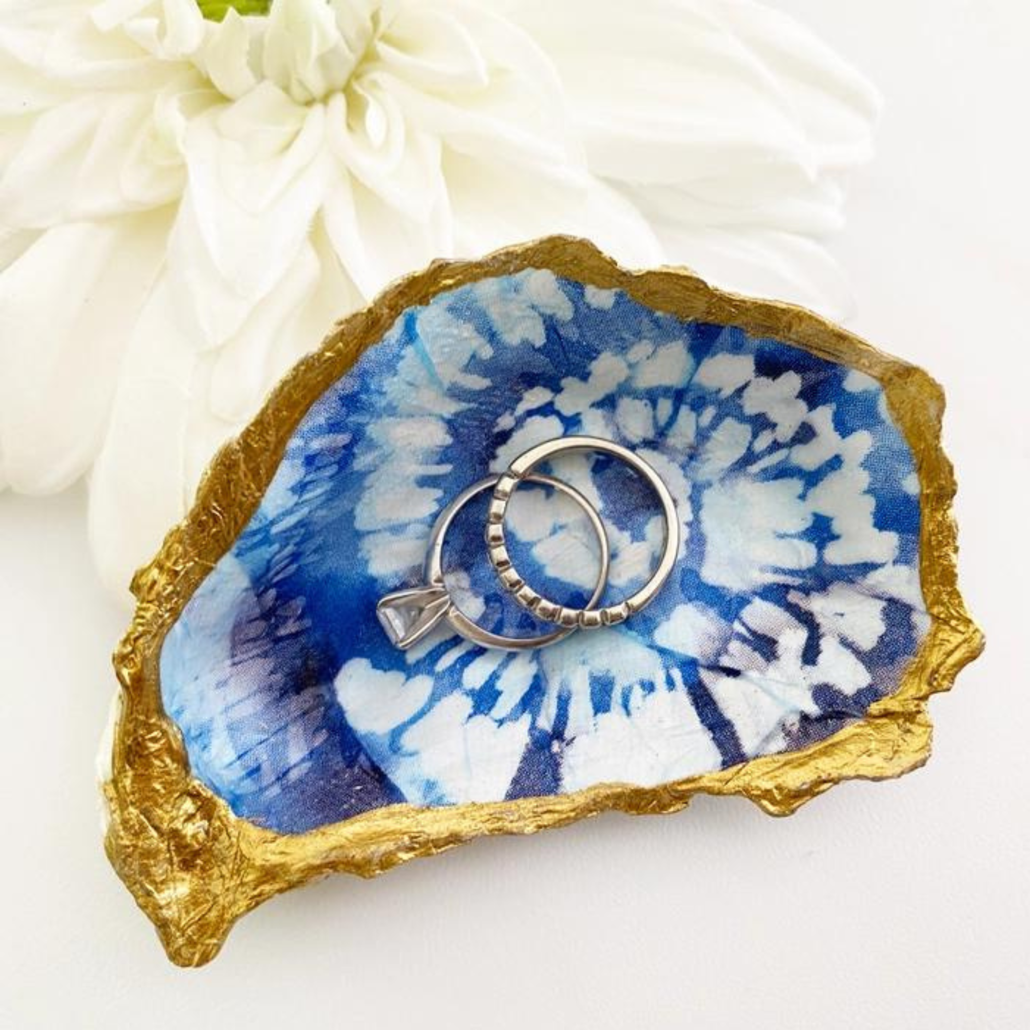 Blue Tie Dye Decoupage Oyster Shell Trinket Dish