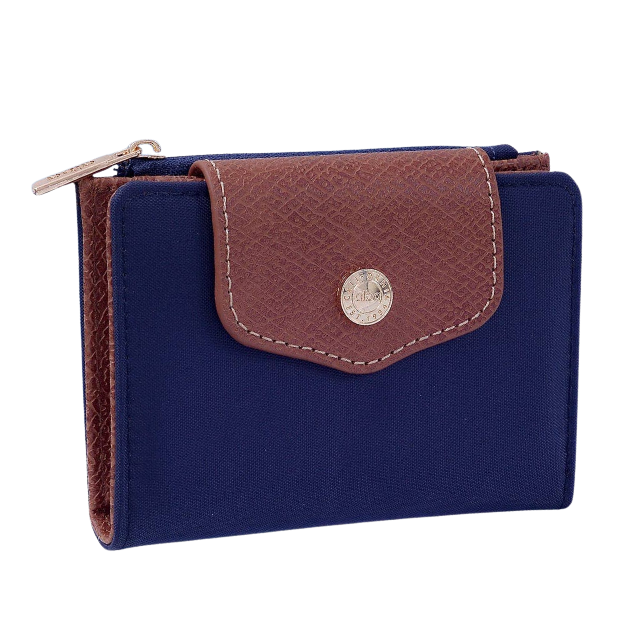 Blue Stephie Nylon Snap Bifold Wallet with brown flap, compact design, private label brand, on white background.