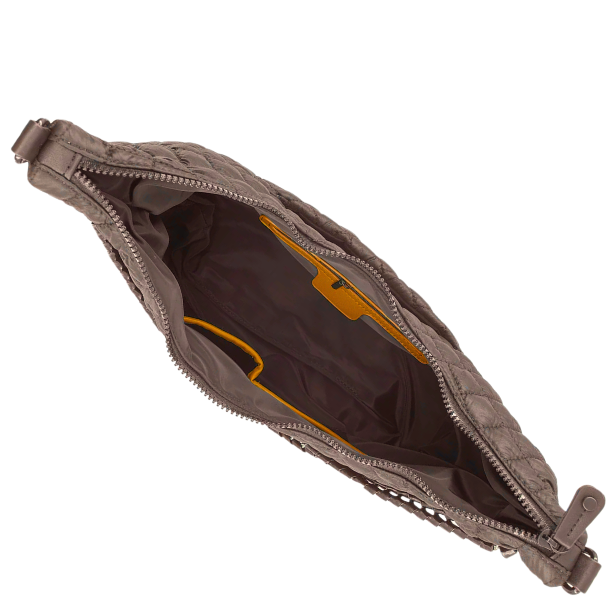 Brown nylon quilted crossbody bag with open front pocket from Bc Handbags, stylish and functional for everyday use.