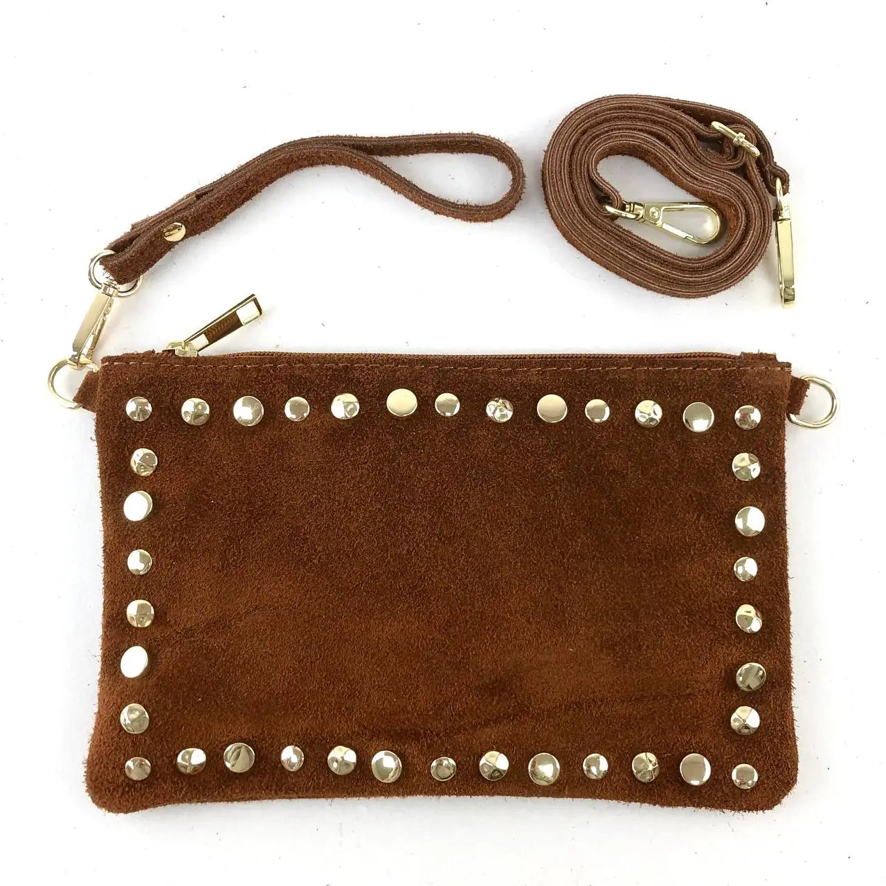 Brown eco suede crossbody bag with gold studs and matching strap from Private label.