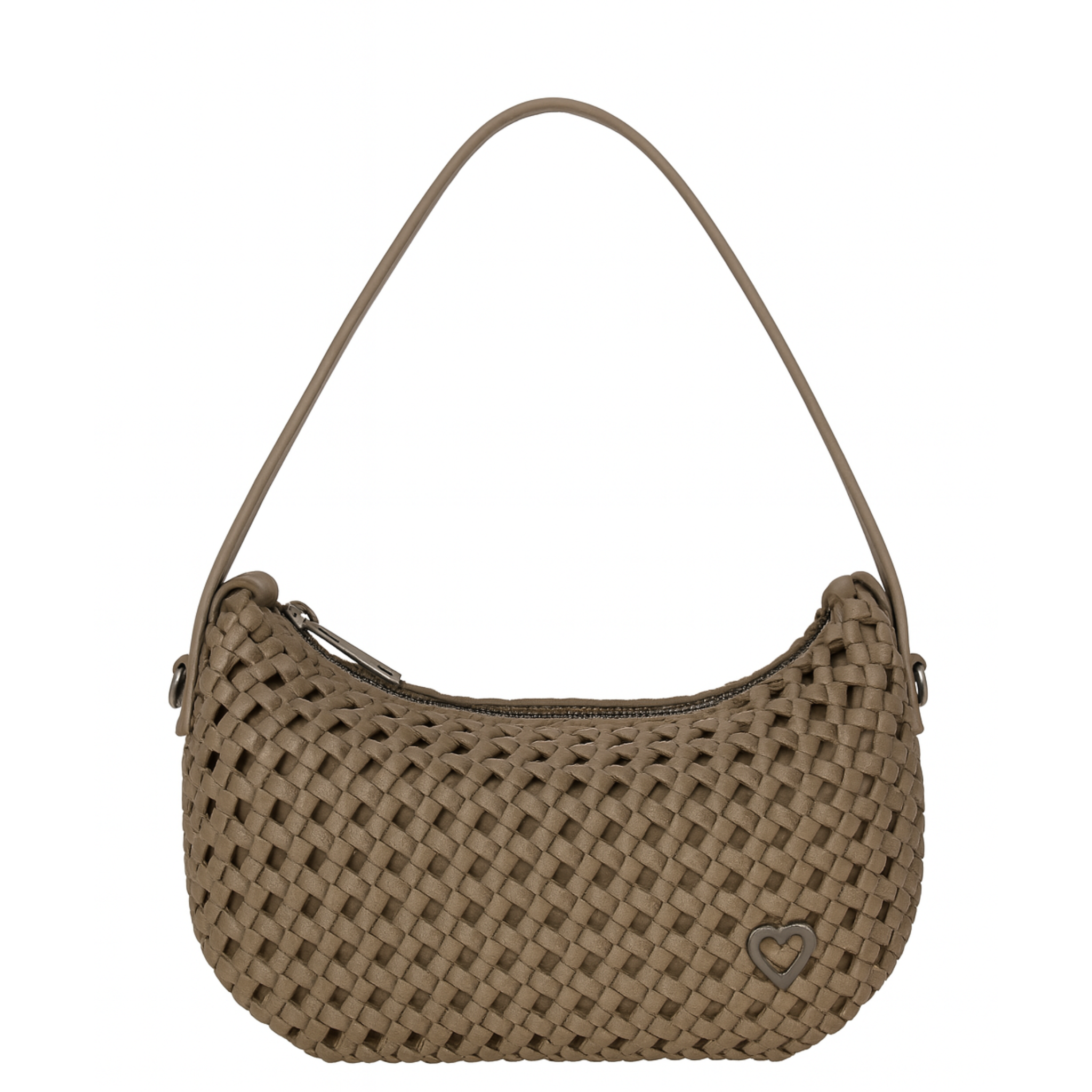 Prenelove brown woven nylon shoulder bag with a heart emblem, designed as a stylish crossbody handbag.