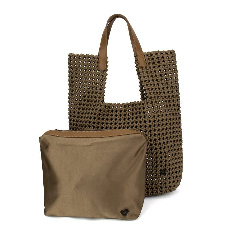Brown woven tote handbag with matching pouch from prenelove, stylish and spacious for everyday use on a white background.