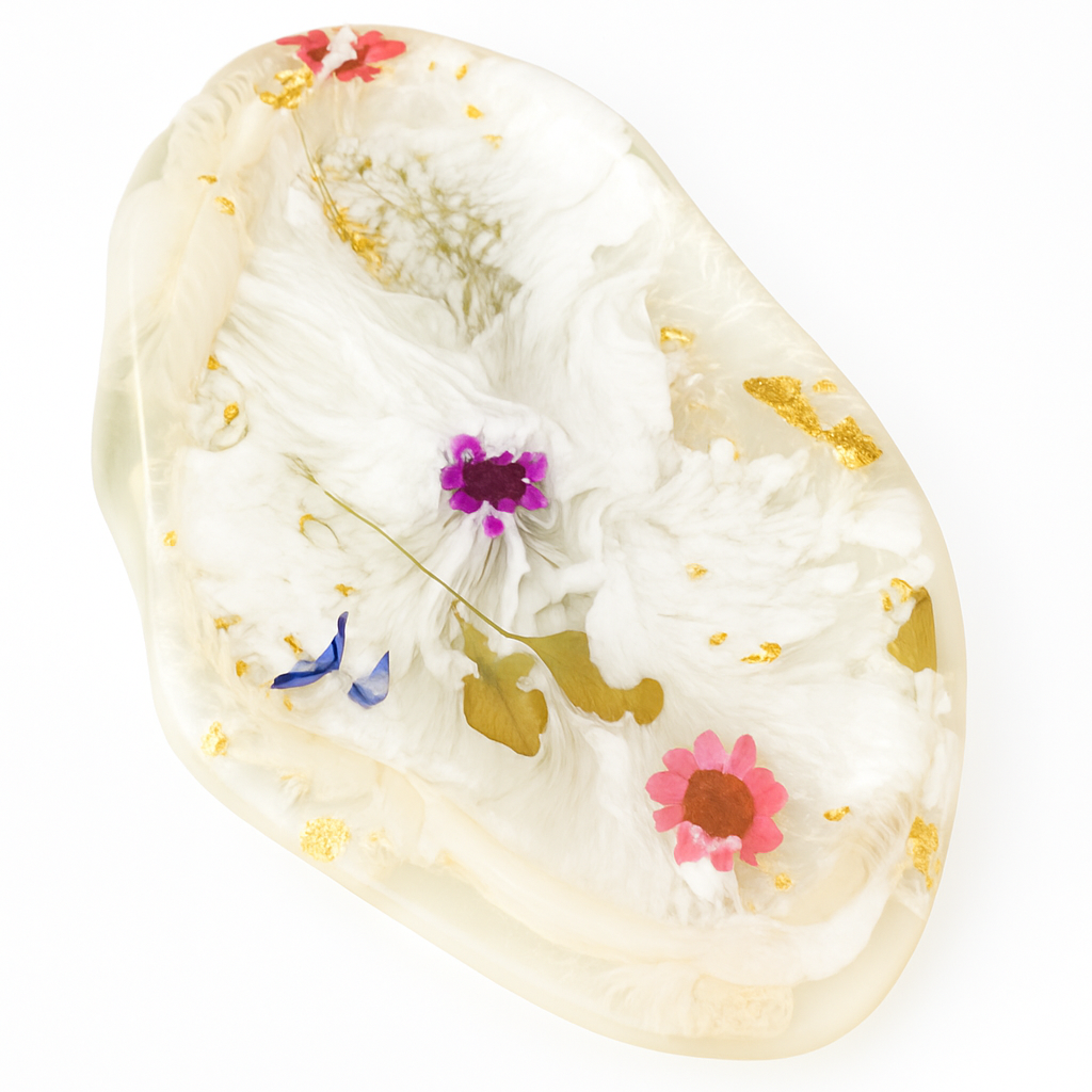 Cloud oval resin tray featuring dried flowers, showcasing a unique design and elegant finish.