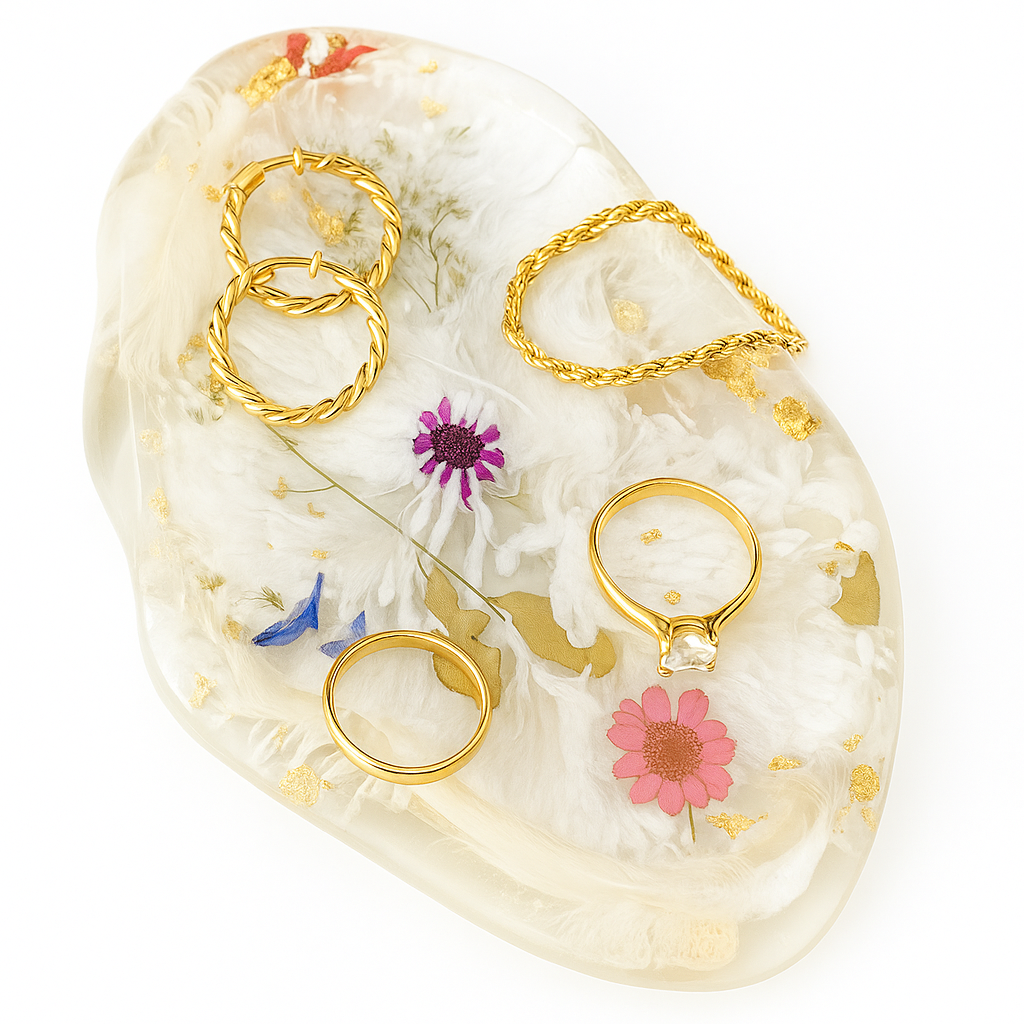 Cloud Oval Resin Tray with dried flowers, showcasing a delicate design and elegant shape for decorative use.