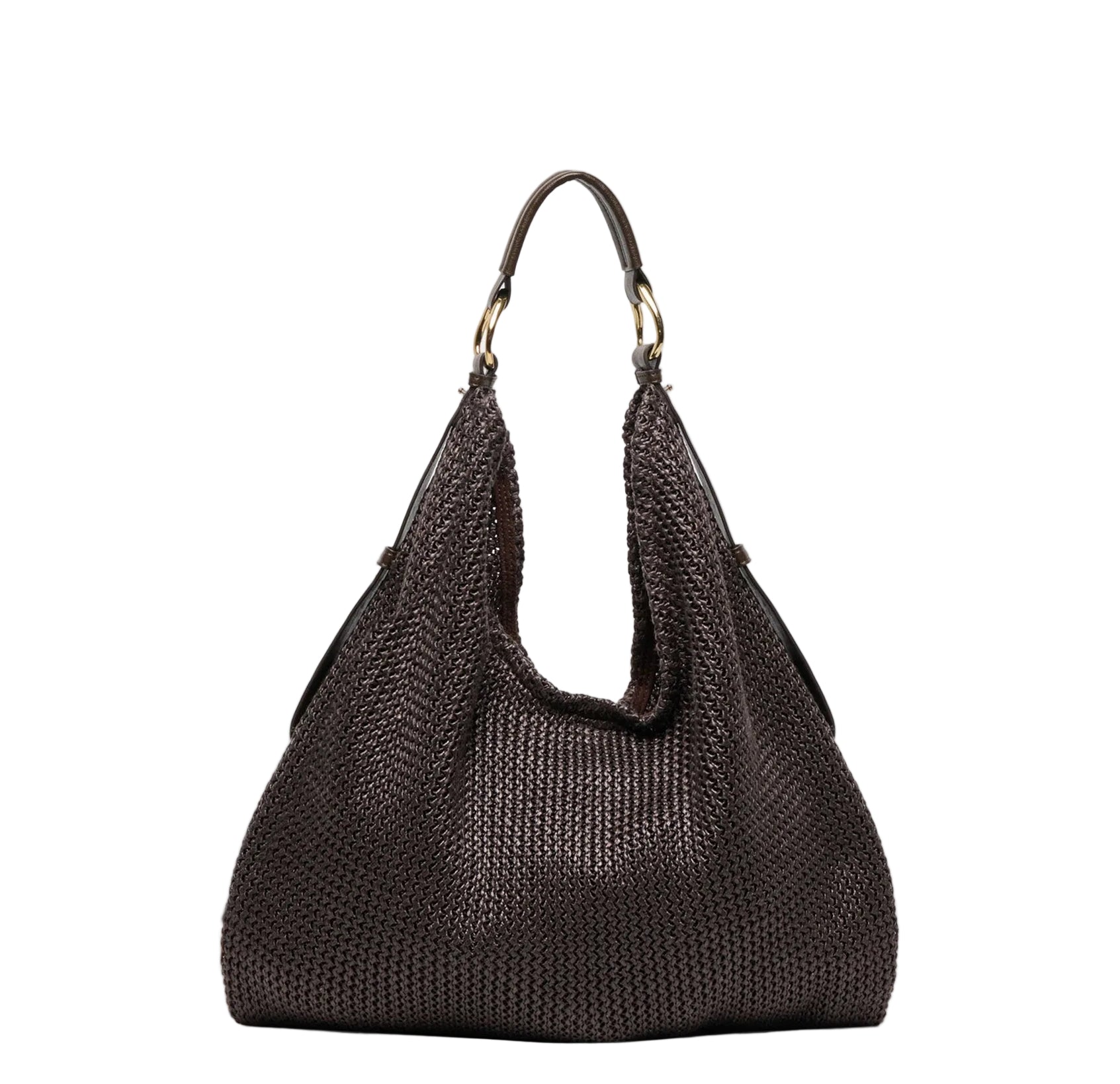 Dolce Vita Miriel Tote bag made of natural raffia with chocolate-colored accents, showcasing a stylish and spacious woven design.