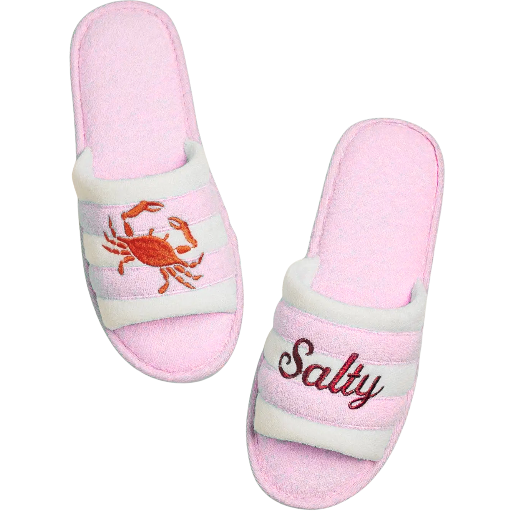Embroidered terry beach slides in soft colors, featuring a comfortable design for poolside relaxation.